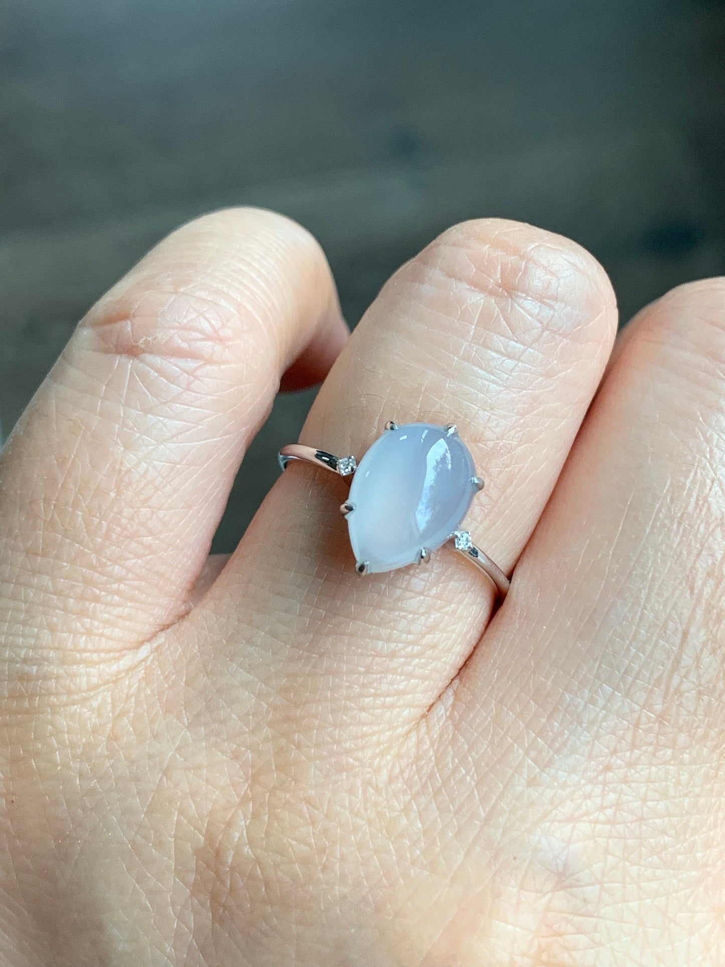 Certified Natural Burmese Icy Translucent Gelatinous White Jadeite Teardrop Ring 18K White Gold and Diamonds size 7 天然缅甸白冰胶翡翠水滴镶嵌戒指 1690