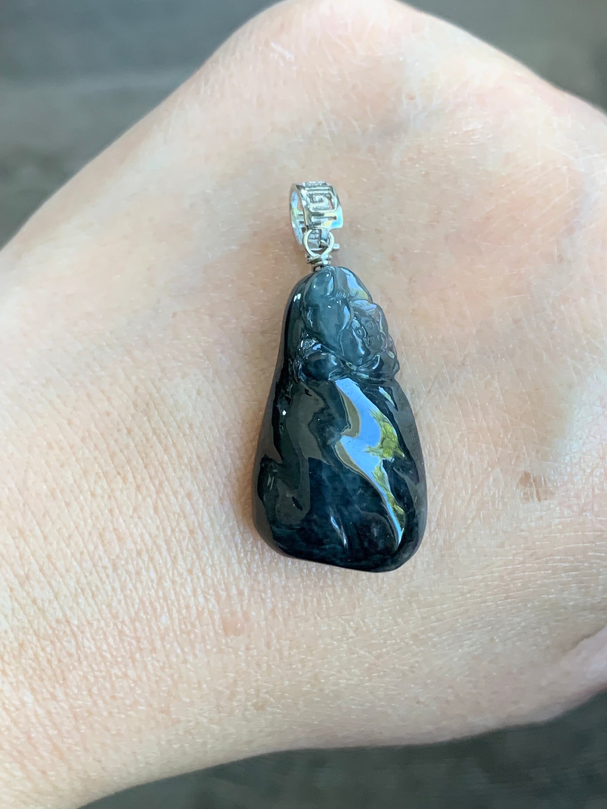 Natural Burmese Icy Highly Translucent Dark Wuj Jadeite Carved Lotus Flower Pendant Sterling Silver Bail 天然缅甸冰胶乌鸡翡翠随形莲花吊坠