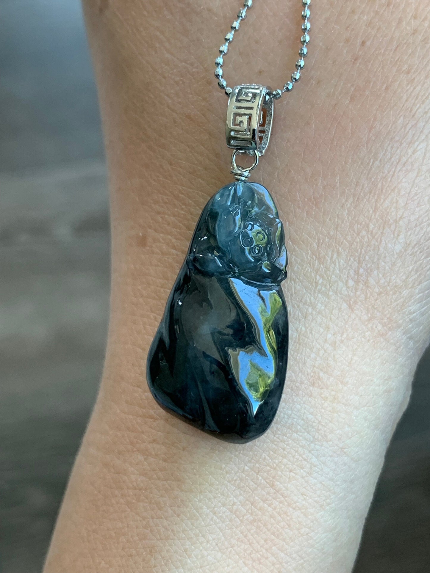 Natural Burmese Icy Highly Translucent Dark Wuj Jadeite Carved Lotus Flower Pendant Sterling Silver Bail 天然缅甸冰胶乌鸡翡翠随形莲花吊坠