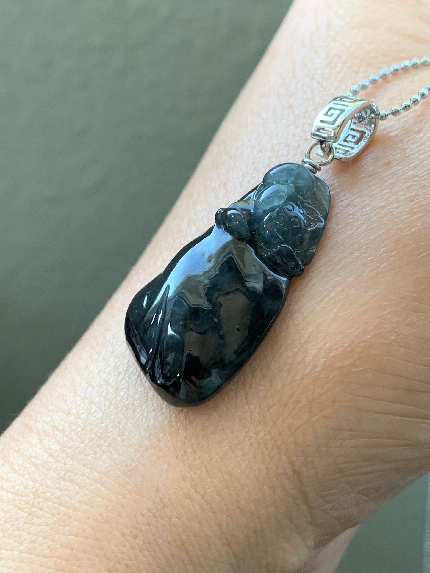 Natural Burmese Icy Highly Translucent Dark Wuj Jadeite Carved Lotus Flower Pendant Sterling Silver Bail 天然缅甸冰胶乌鸡翡翠随形莲花吊坠