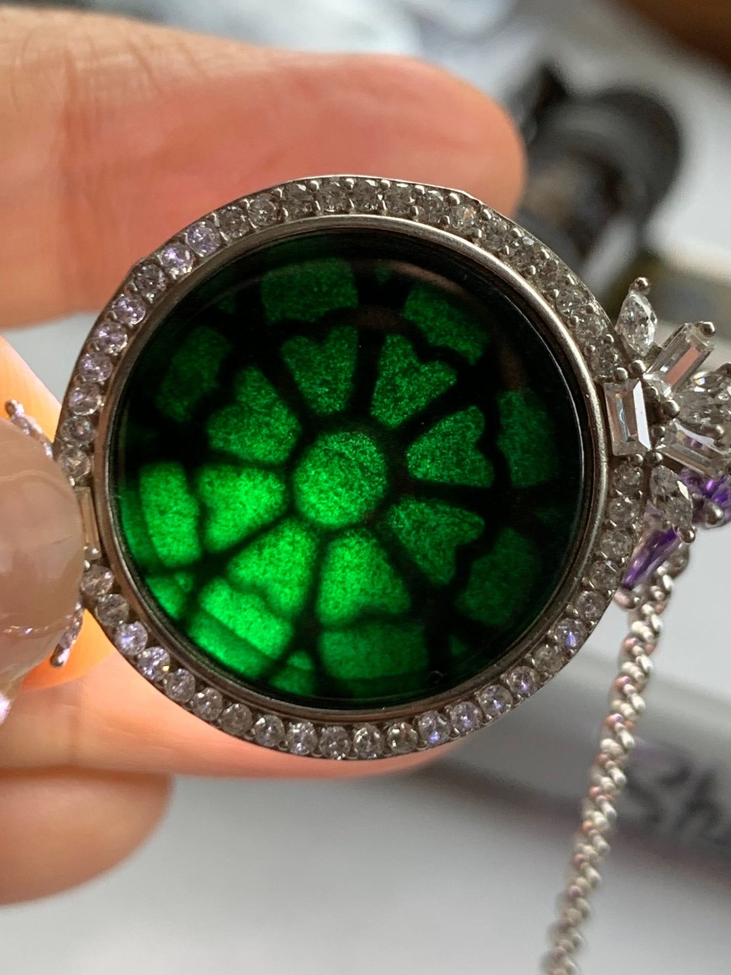 Natural Burmese Translucent Black Jadeite Round Disc Rolo Chain Bracelet S925 Sterling Silver 7-8.5” Adjustable 天然缅甸透绿墨翠圆牌银镶手链