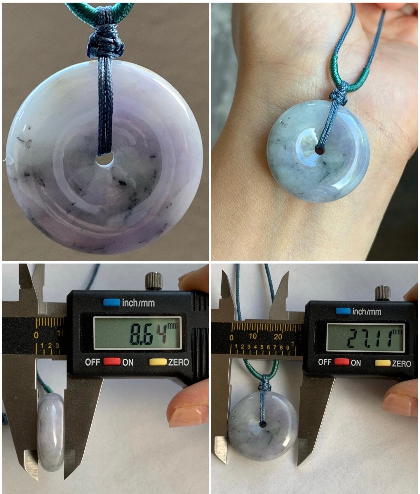 Large Natural Burmese Translucent Multicolored Jadeite Ping An Kou Donut Pendant Rope Necklace 24” Adjustable 天然缅甸细糯紫乌鸡飘黄翡翡翠平安扣吊坠项链