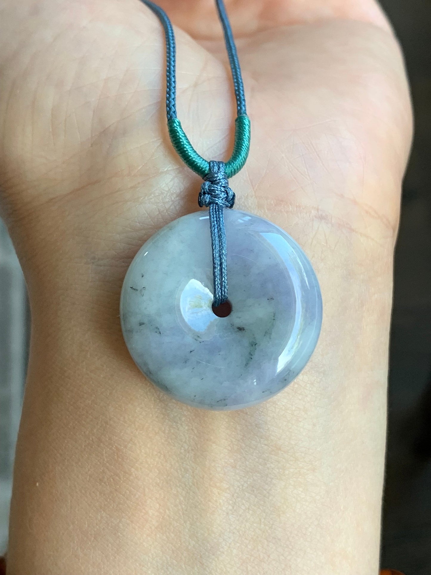Large Natural Burmese Translucent Multicolored Jadeite Ping An Kou Donut Pendant Rope Necklace 24” Adjustable 天然缅甸细糯紫乌鸡飘黄翡翡翠平安扣吊坠项链
