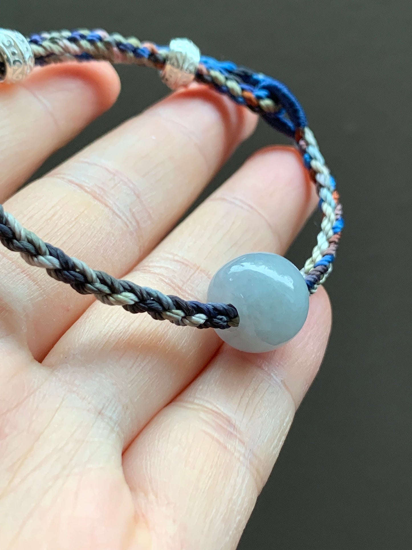 Natural Burmese Icy Translucent Sky Blue Jadeite Large Drum Bead Rope Bracelet w/ 999 Silver Drum Beads Adjustable 天然缅甸冰胶天空蓝翡翠大鼓珠足银环手绳