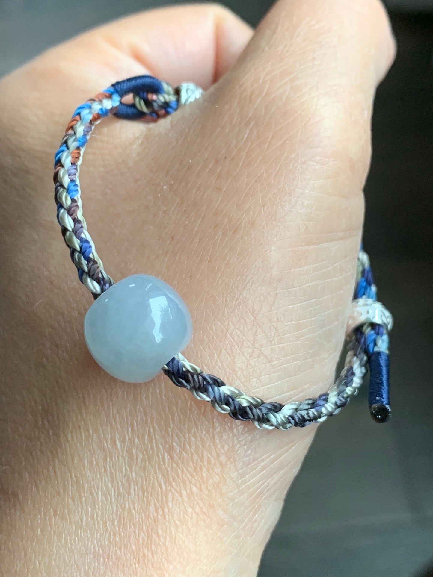 Natural Burmese Icy Translucent Sky Blue Jadeite Large Drum Bead Rope Bracelet w/ 999 Silver Drum Beads Adjustable 天然缅甸冰胶天空蓝翡翠大鼓珠足银环手绳