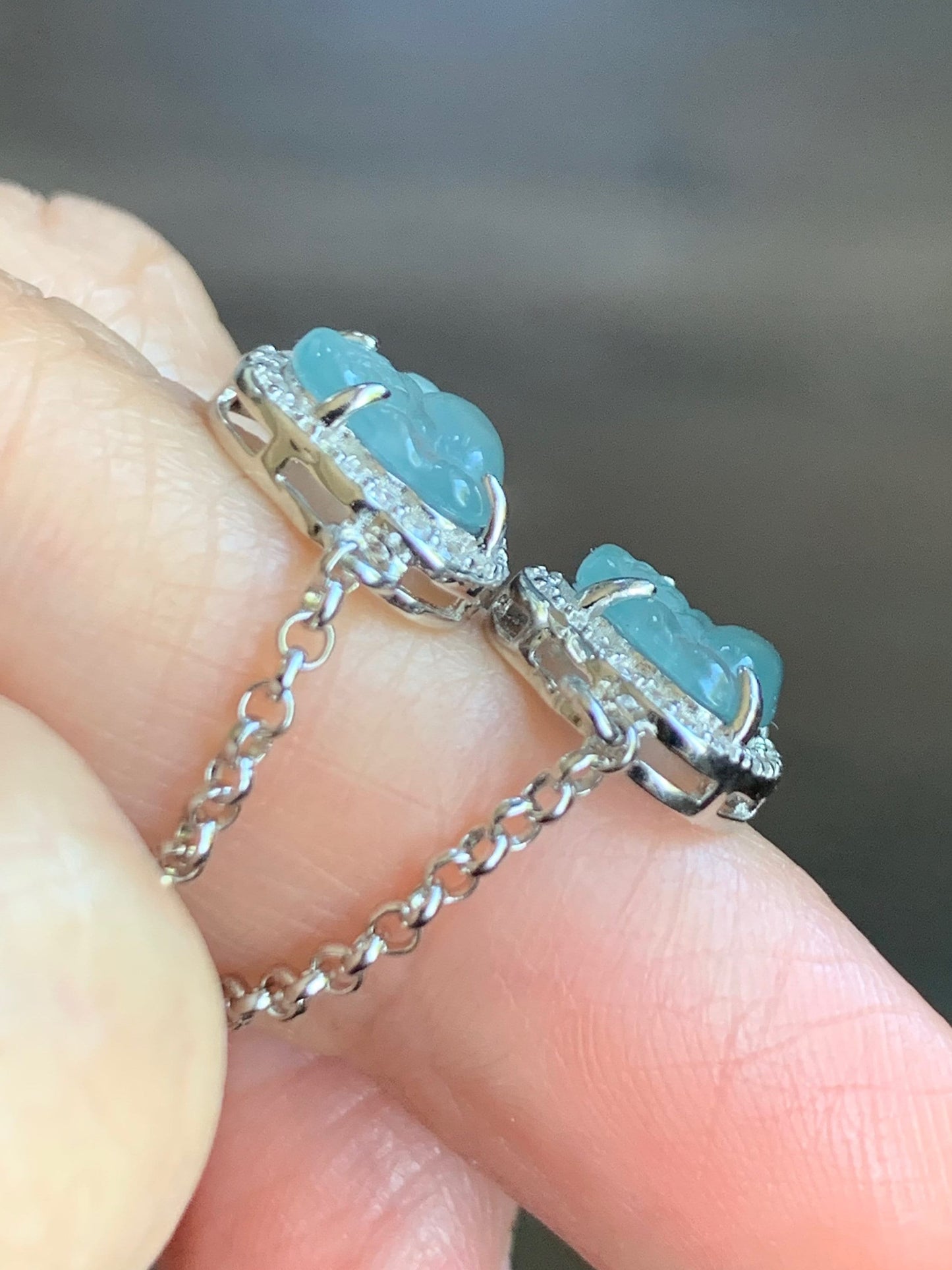 Natural Guatemalan Icy Highly Translucent Sky Blue Jadeite Buddha Rolo Chain Bracelet Sterling Silver 6.5" Adjustable 天然冰危天空蓝翡翠小佛公银镶手链