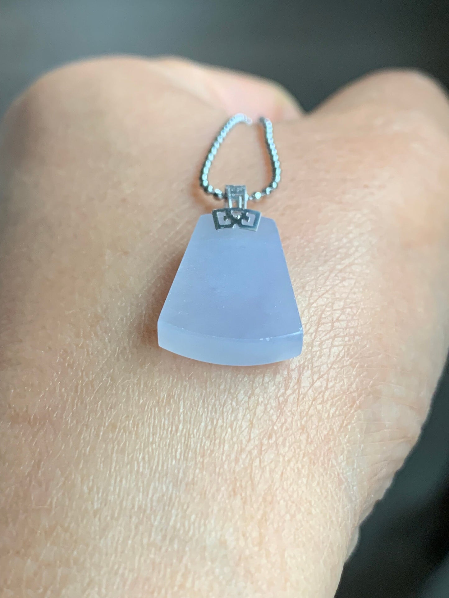 Certified Natural Burmese Icy Translucent Gelatinous Light Purple Jadeite Trapezoid Wu Shi Pai Pendant 18K White Gold 天然缅甸冰淡紫翡翠梯形无事牌吊坠