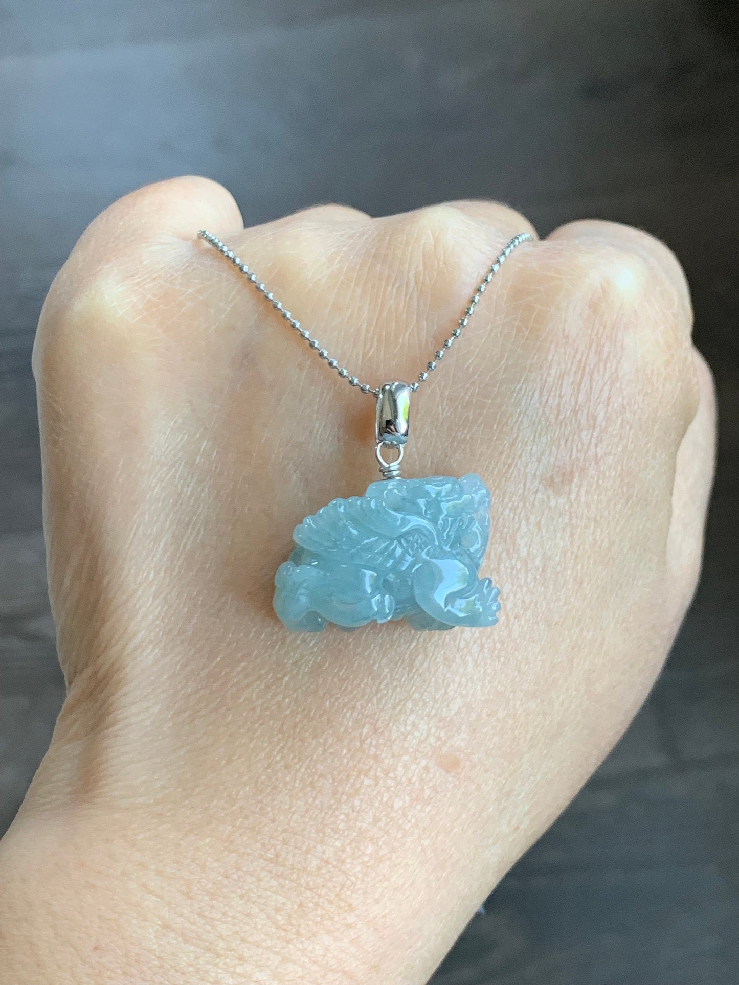 Natural Burmese Icy Translucent Gelatinous Sky Blue Jadeite Carved Flying Pixiu Pendant Sterling Silver Bail 天然缅甸冰胶天空蓝翡翠精工飞天貔貅吊坠