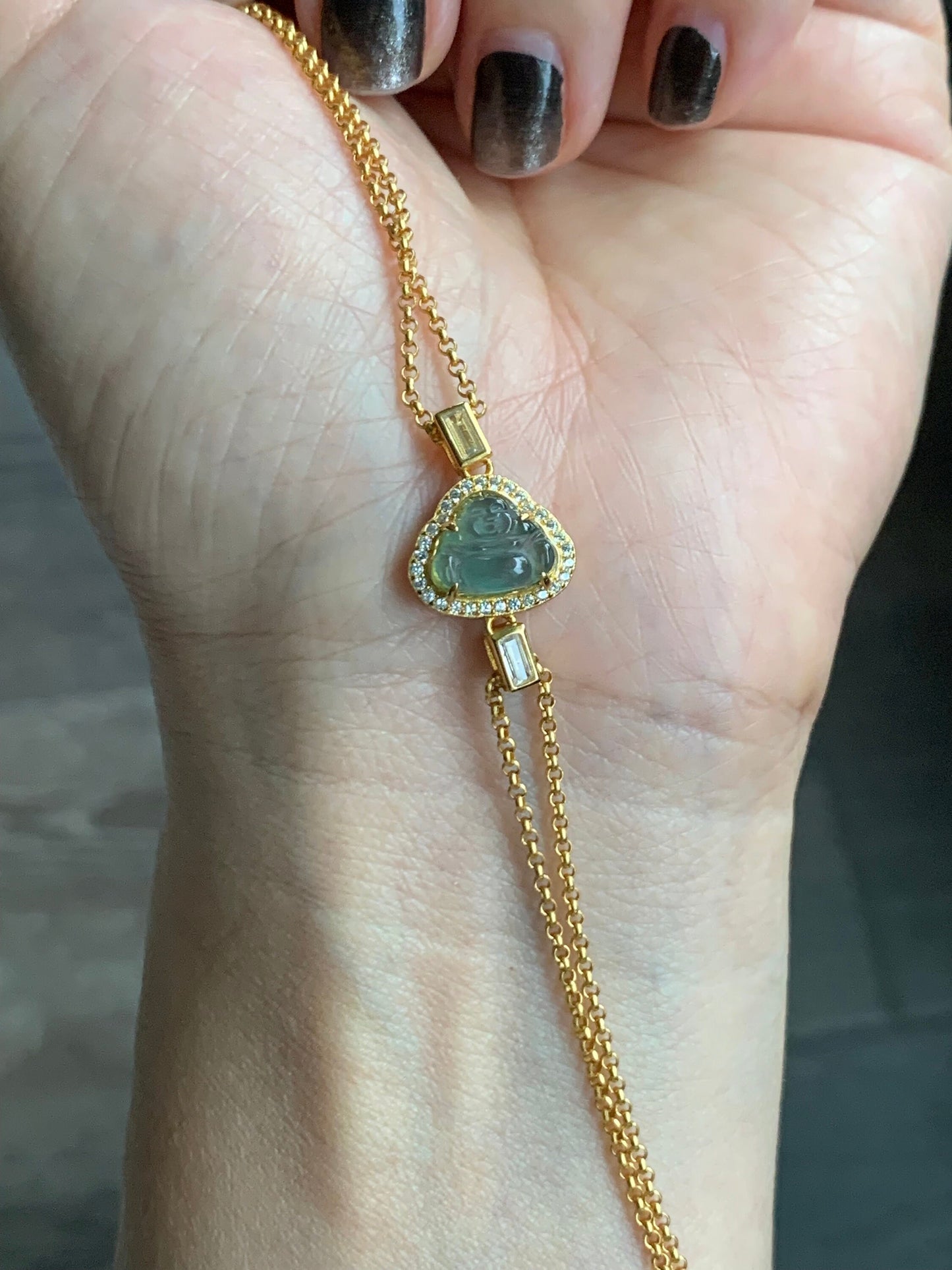 Natural Guatemalan Icy Highly Translucent Sky Blue Jadeite Buddha Double Rolo Chain Bracelet 6.25" Adjustable Sterling Silver 天然冰危天空蓝翡翠小佛公手链