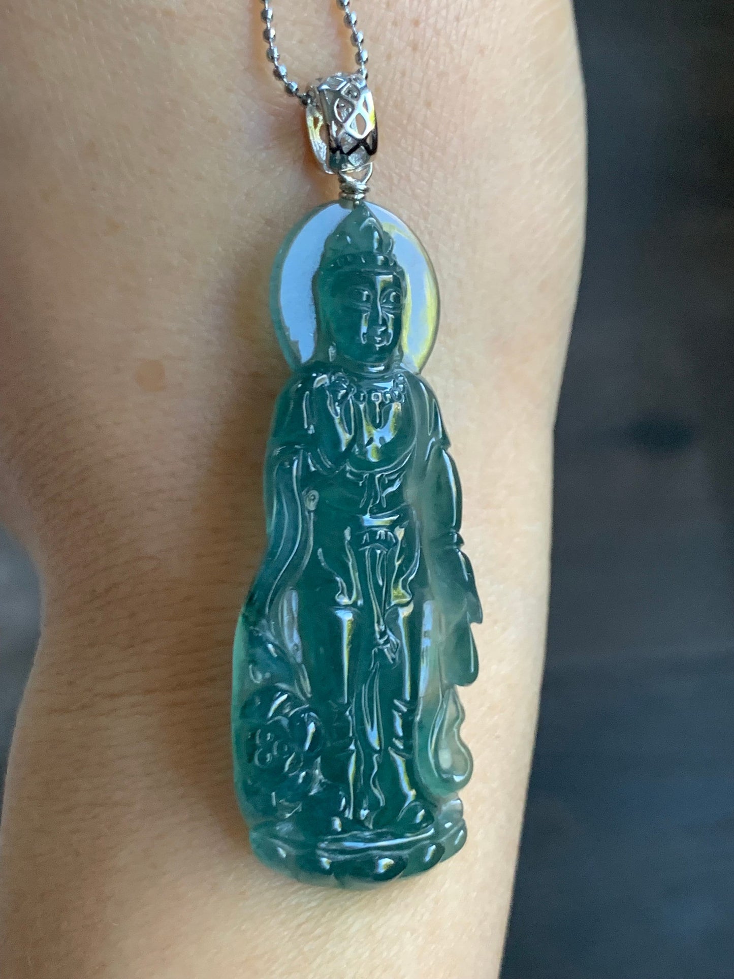 Certified Natural Guatemalan Icy Highly Translucent Gelatinous Rich Teal Green Jadeite Guanyin Pendant Sterling Silver 天然冰胶危深蓝绿翡翠观音吊坠 5138