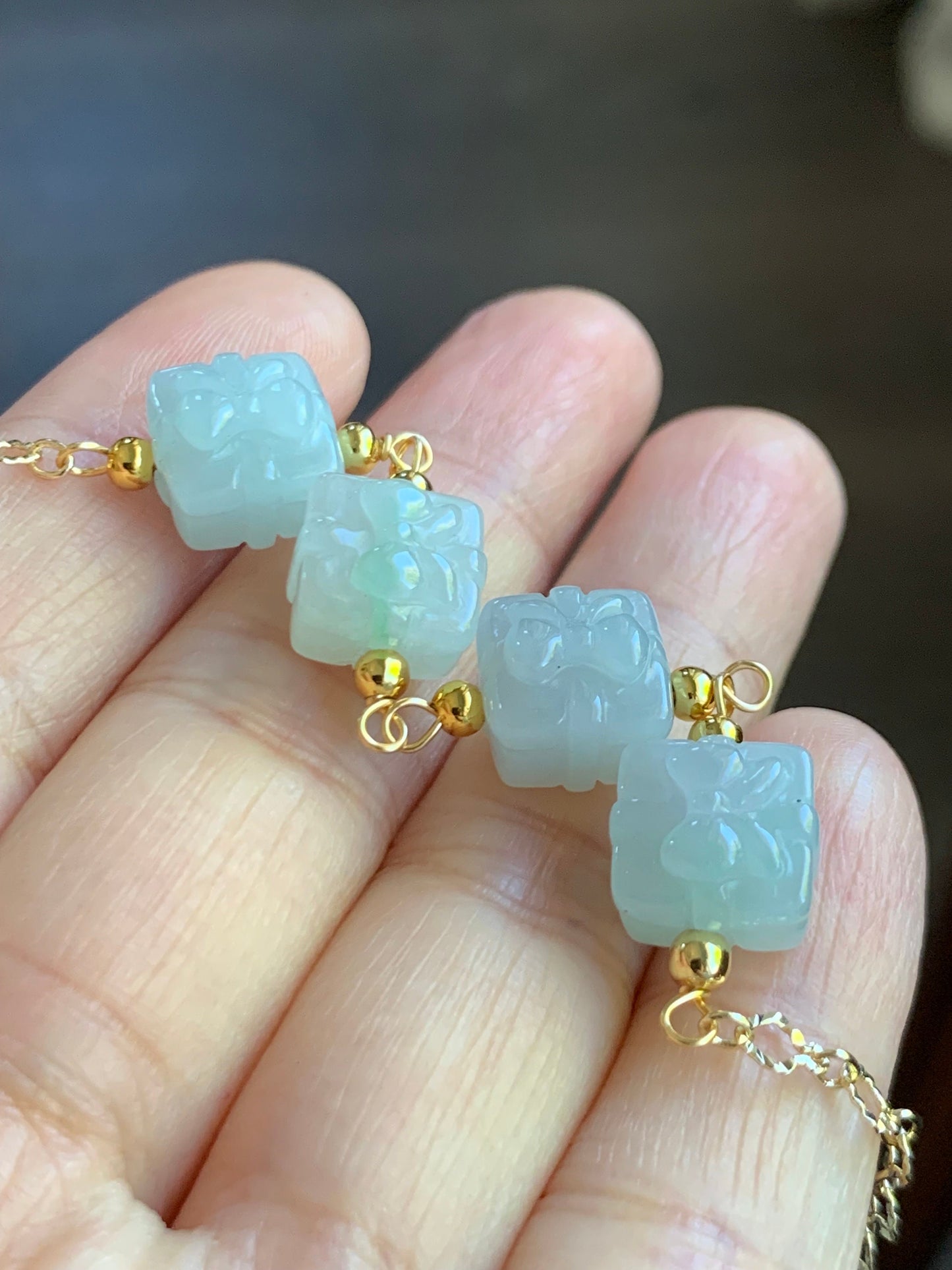 Holiday Special Natural Burmese Icy Multicolored Jadeite Gift Boxes 14K YG Plated Chain Bracelet Adjustable up to 8” 天然缅甸多宝翡翠礼物包金手链
