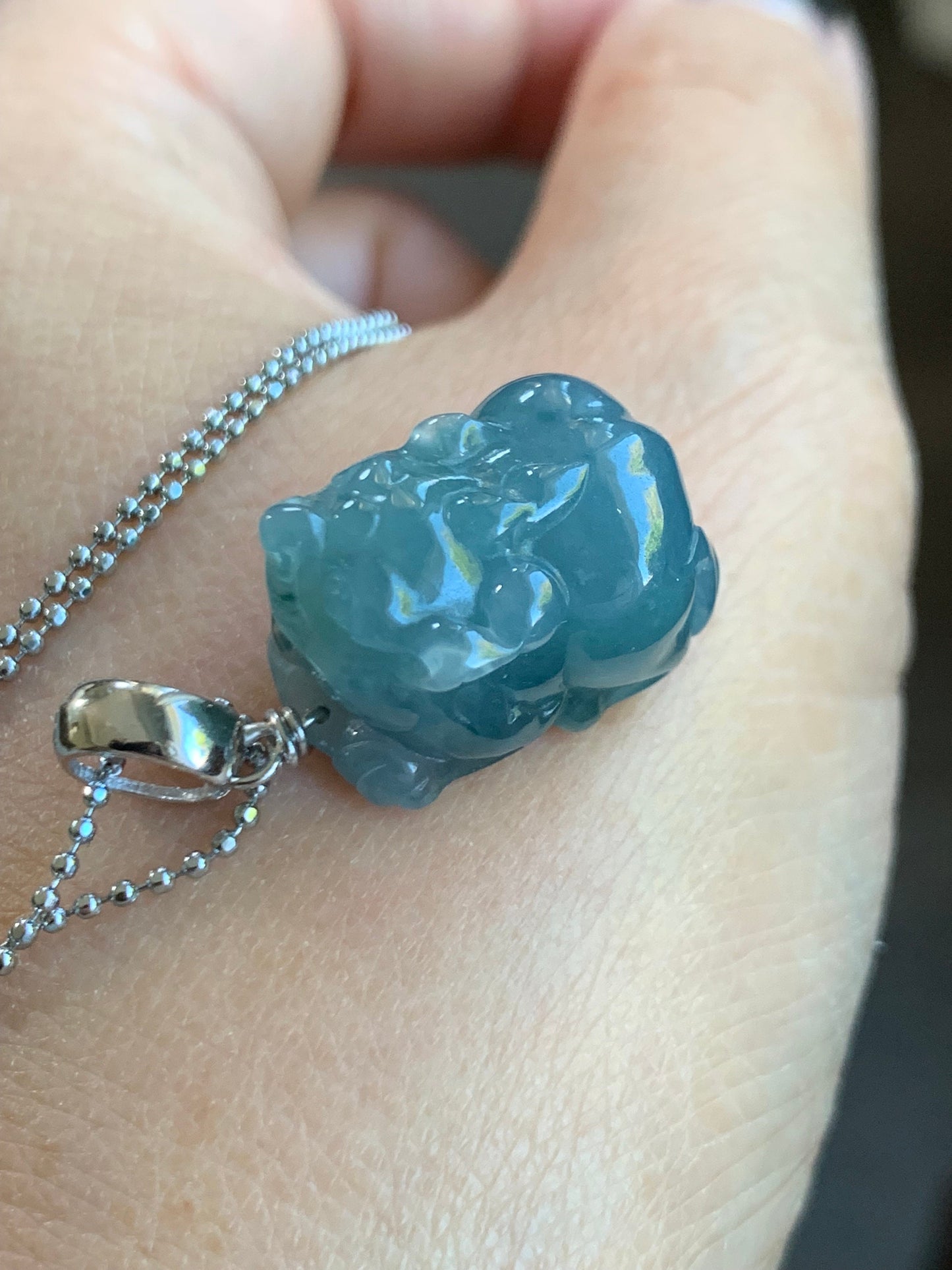 Natural Guatemalan Icy Translucent Gelatinous Bright Blue Jadeite Carved Pixiu Pendant Sterling Silver Bail 天然老种冰胶危料蓝水翡翠貔貅吊坠