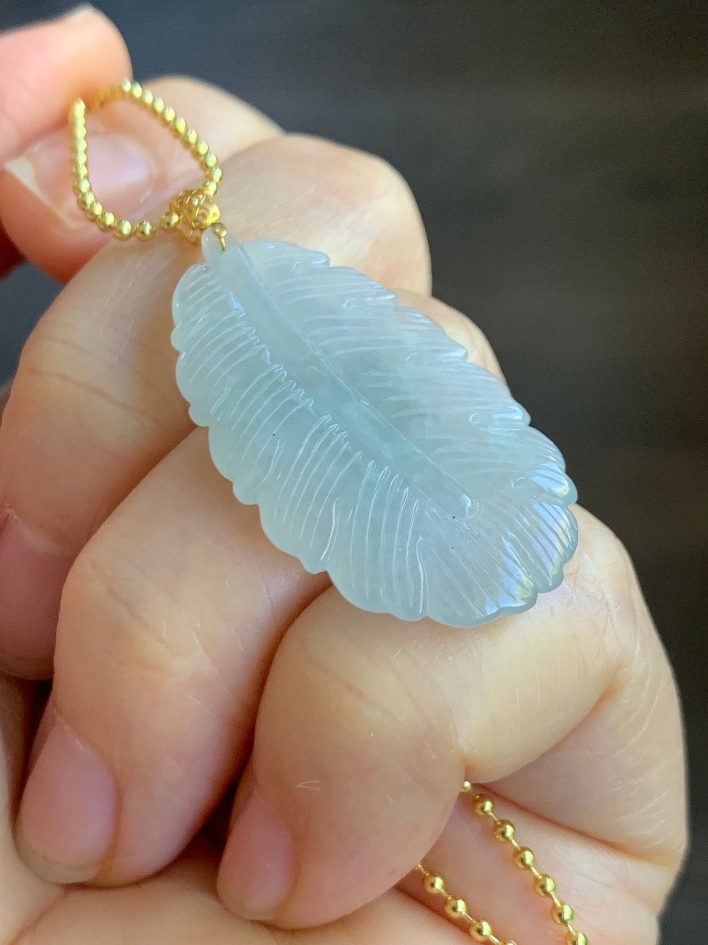 Natural Burmese Icy Translucent Light Green Jadeite Carved Feather Pendant 18K Yellow Gold 天然缅甸冰淡晴底翡翠羽毛镶嵌吊坠 B830