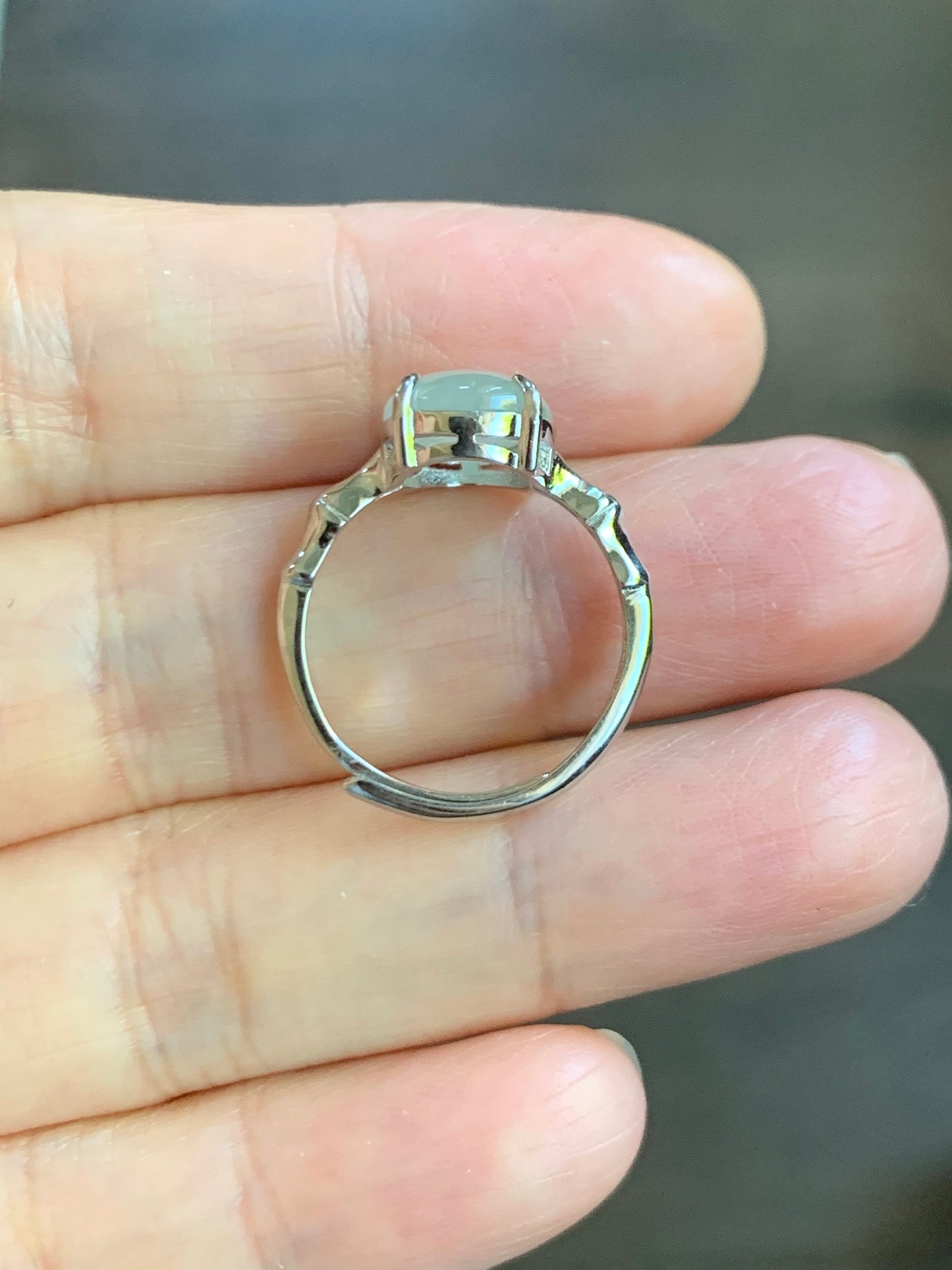 Natural Burmese Icy Light Green Translucent Oval Cabochon Jadeite Ring Bamboo Band Sterling Silver Size 6 Adjustable 天然缅甸冰晴底翡翠银镶竹节戒指 MZJ100