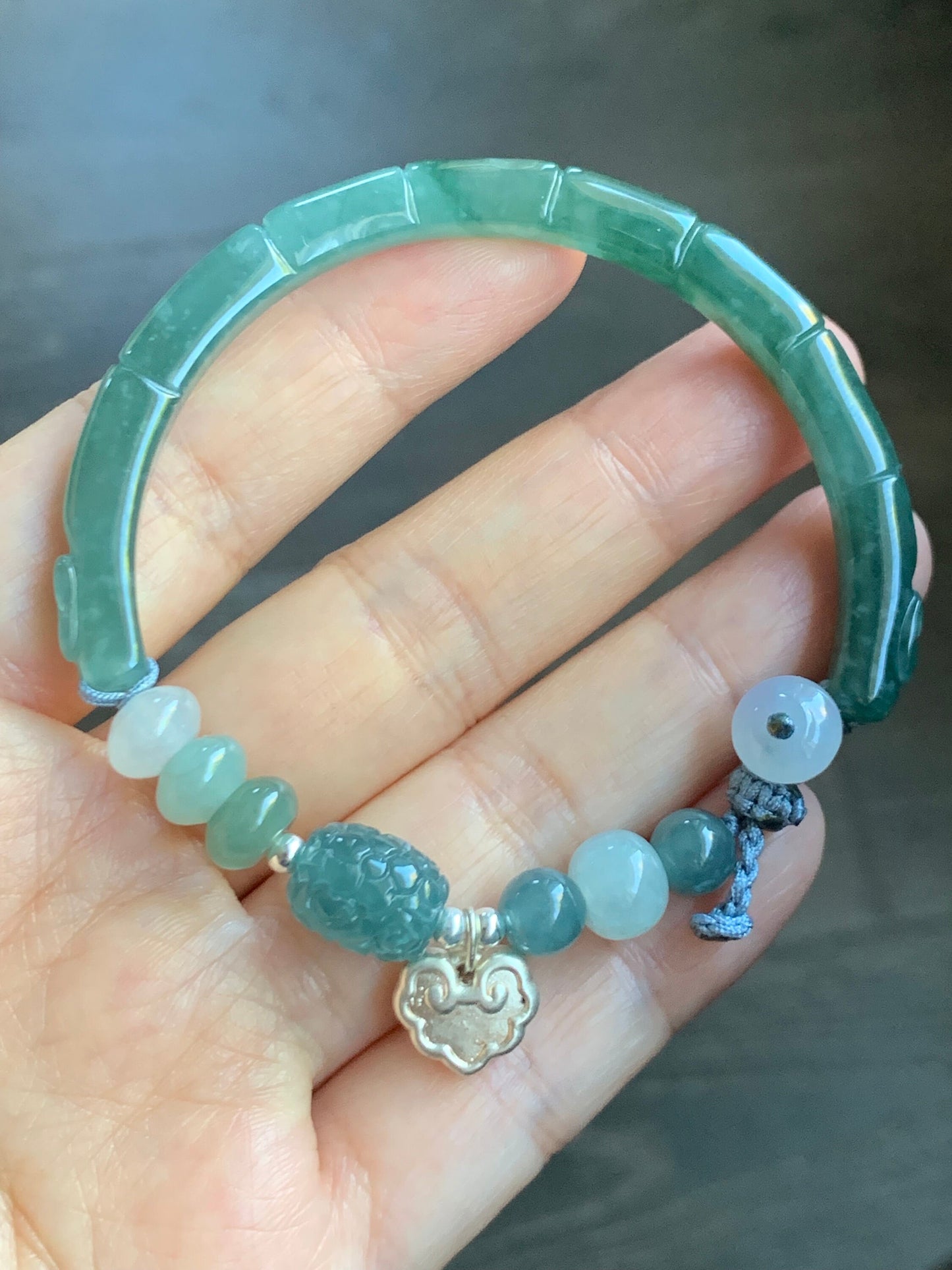 Natural Guatemalan Icy Highly Translucent Teal Blue Jadeite Open Bangle Bracelet w/ Beaded Security Chain Sterling Silver 天然冰胶危湖水绿翡翠开口镯多宝珠链