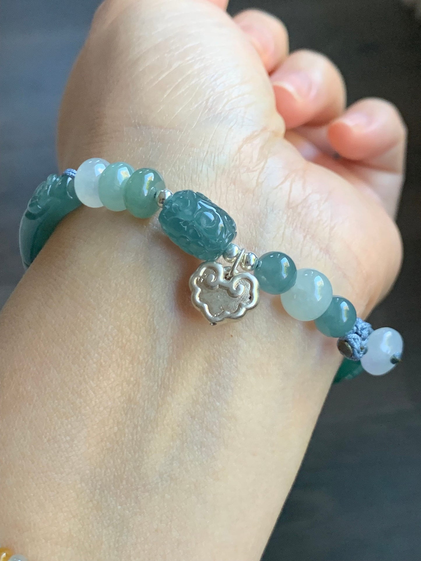 Natural Guatemalan Icy Highly Translucent Teal Blue Jadeite Open Bangle Bracelet w/ Beaded Security Chain Sterling Silver 天然冰胶危湖水绿翡翠开口镯多宝珠链