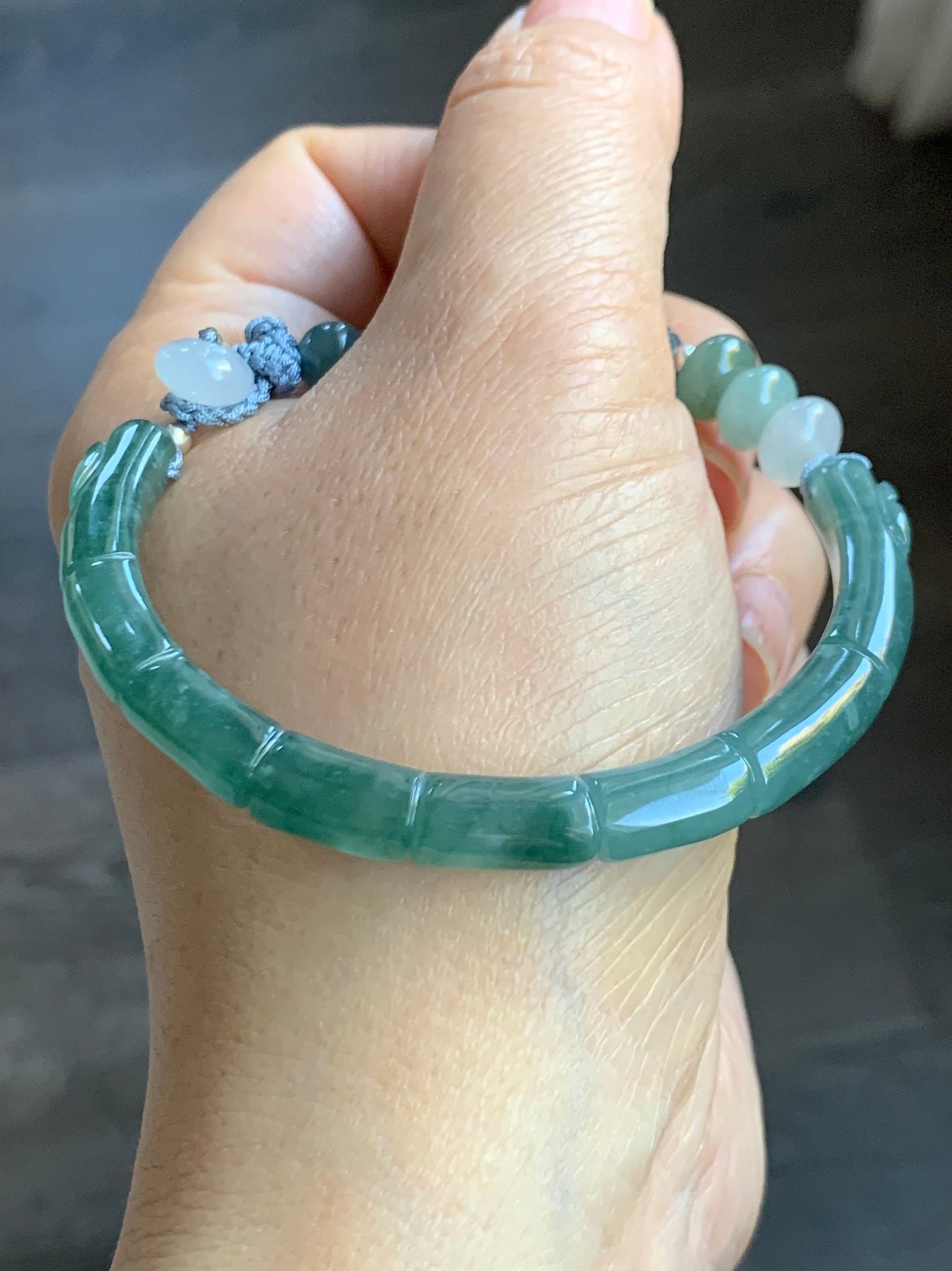 Natural Guatemalan Icy Highly Translucent Teal Blue Jadeite Open Bangle Bracelet w/ Beaded Security Chain Sterling Silver 天然冰胶危湖水绿翡翠开口镯多宝珠链