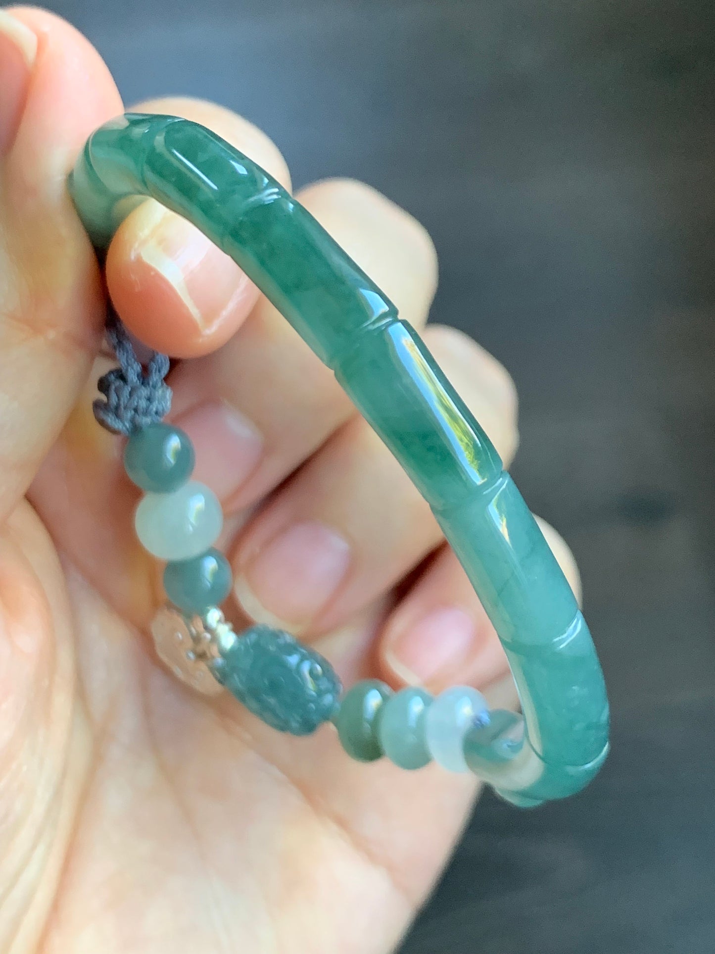 Natural Guatemalan Icy Highly Translucent Teal Blue Jadeite Open Bangle Bracelet w/ Beaded Security Chain Sterling Silver 天然冰胶危湖水绿翡翠开口镯多宝珠链