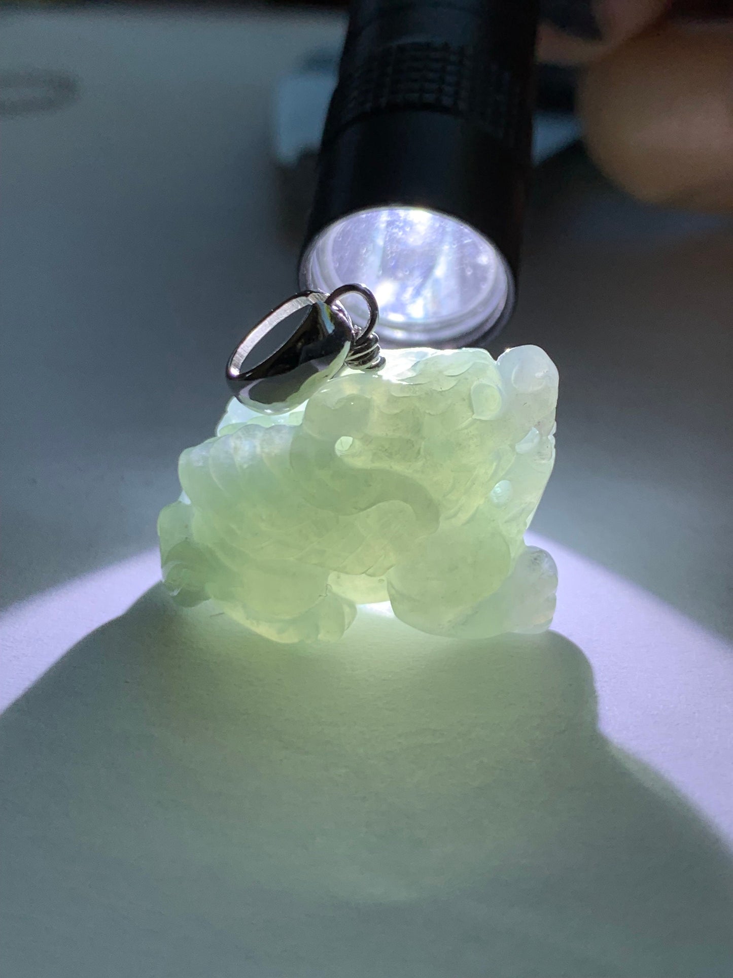 Natural Burmese Icy Translucent Gelatinous Sky Blue Jadeite Carved Flying Pixiu Pendant Sterling Silver Bail 天然缅甸冰胶天空蓝翡翠精工飞天貔貅吊坠