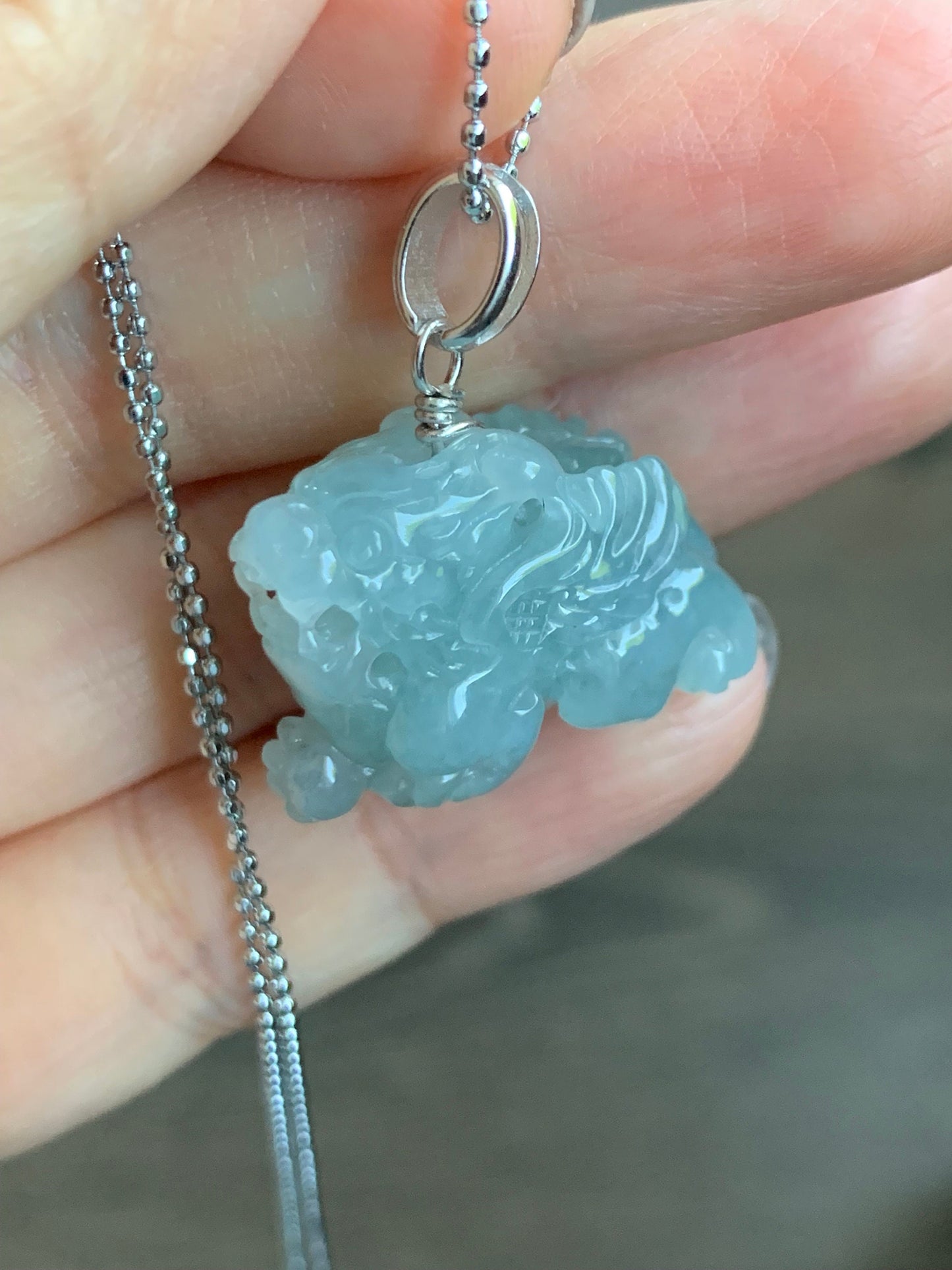 Natural Burmese Icy Translucent Gelatinous Sky Blue Jadeite Carved Flying Pixiu Pendant Sterling Silver Bail 天然缅甸冰胶天空蓝翡翠精工飞天貔貅吊坠