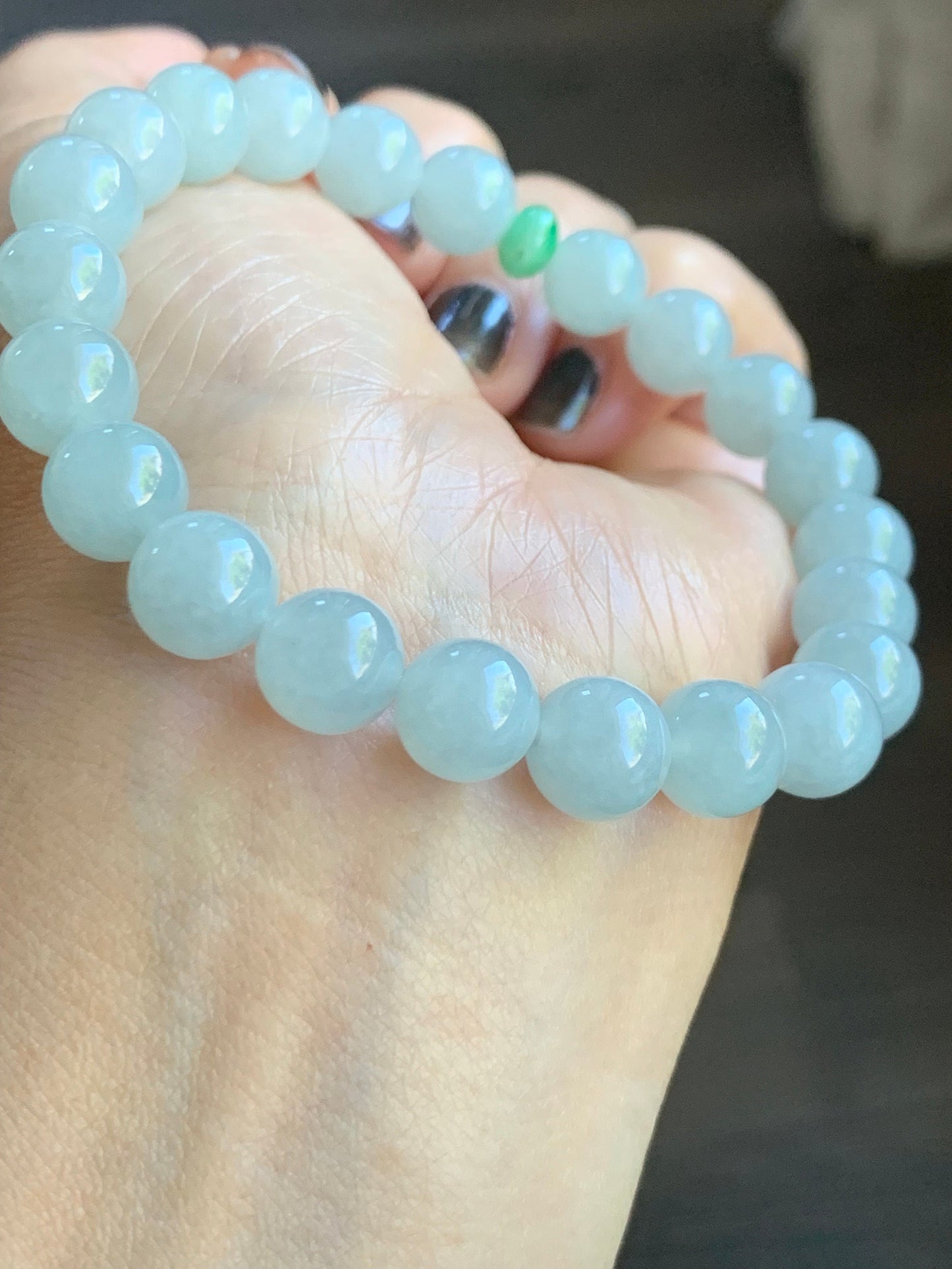 Natural Burmese Grade A Icy Translucent Gelatinous Bluish White Jadeite Round Beads Beaded Bracelet 9mm 7.5” Stretchy 天然缅甸冰胶淡蓝翡翠圆珠手串 DSL723