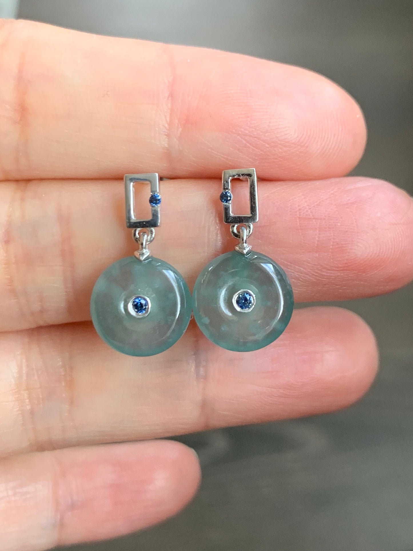 Certified Natural Guatemalan Icy Highly Translucent Light Blue Jadeite Ping An Kou Blue Sapphire Earrings Sterling Silver 天然冰危蓝翡翠篮宝石平安扣耳钉