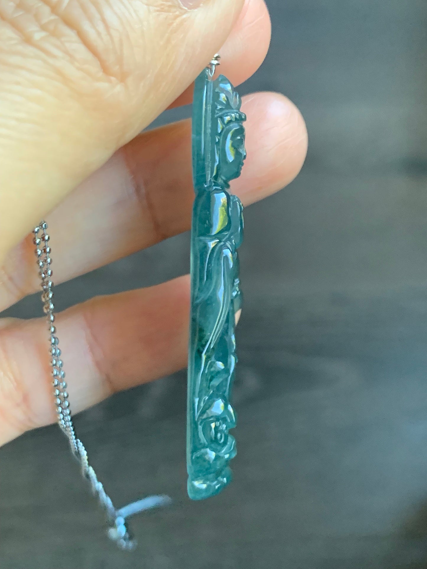 Certified Natural Guatemalan Icy Highly Translucent Gelatinous Rich Teal Green Jadeite Guanyin Pendant Sterling Silver 天然冰胶危深蓝绿翡翠观音吊坠 5138