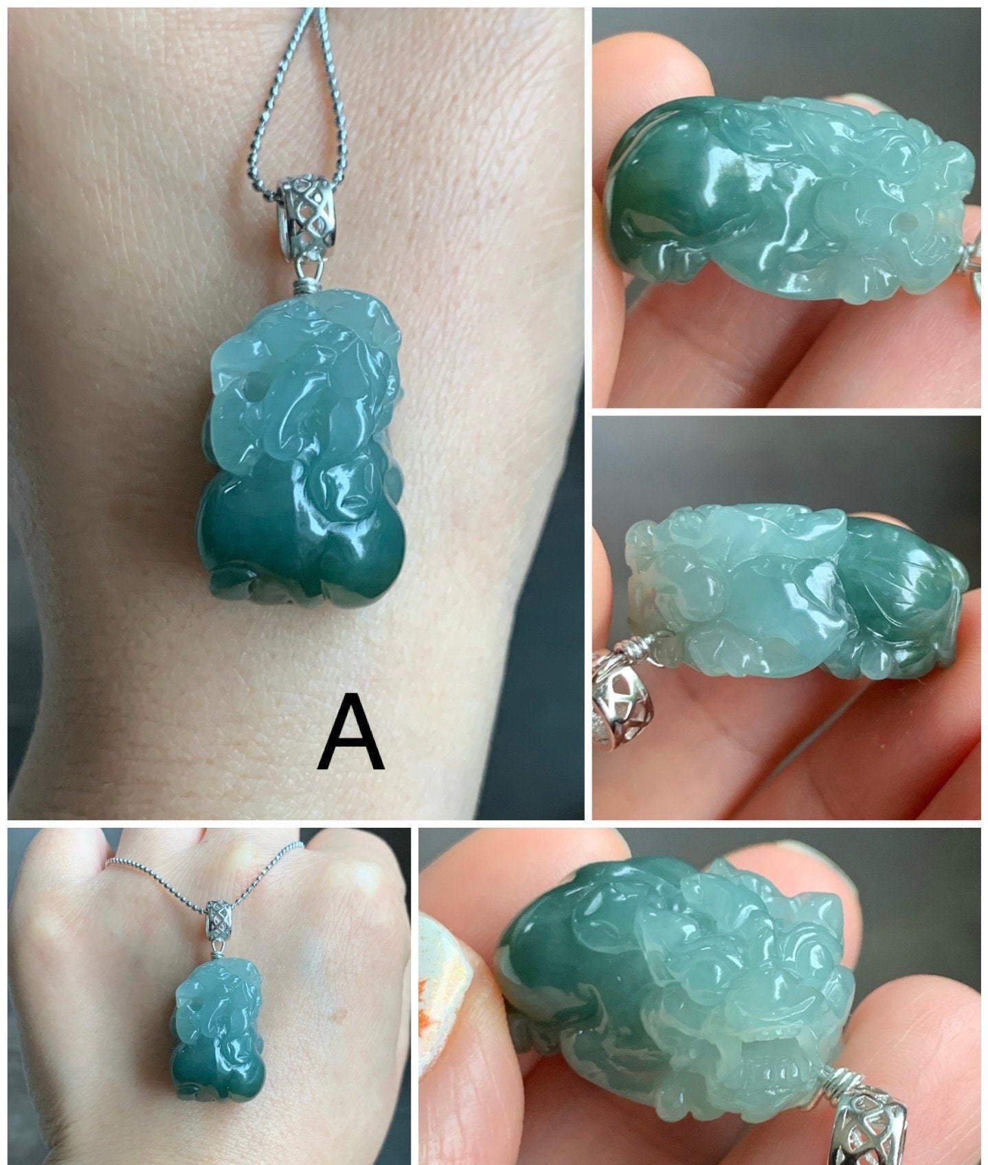 Natural Burmese Icy Translucent Gelatinous Dark Teal Green Jadeite Carved Pixiu Pendant Sterling Silver Bail 天然缅甸冰胶湖水绿翡翠貔貅吊坠