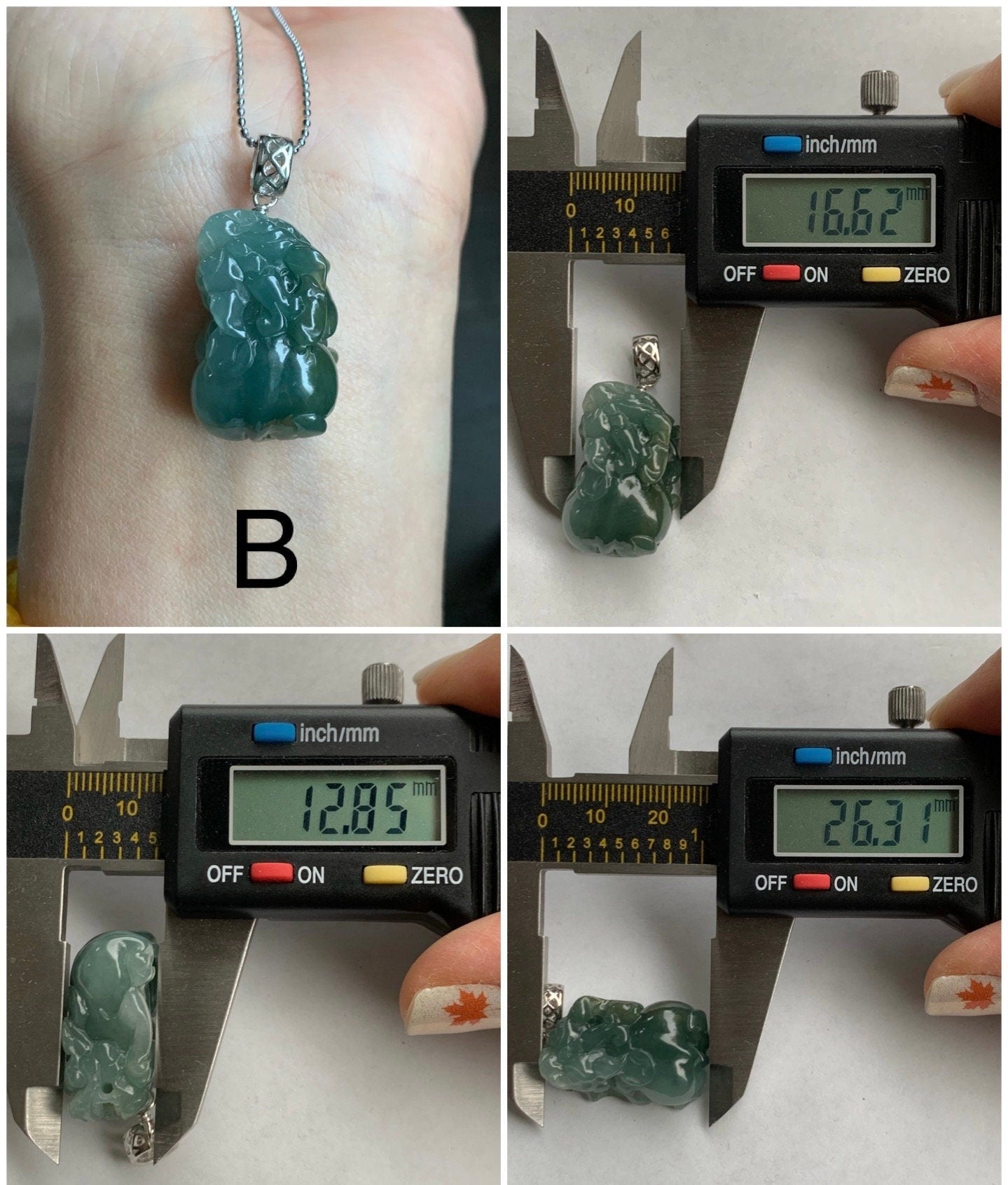 Natural Burmese Icy Translucent Gelatinous Dark Teal Green Jadeite Carved Pixiu Pendant Sterling Silver Bail 天然缅甸冰胶湖水绿翡翠貔貅吊坠