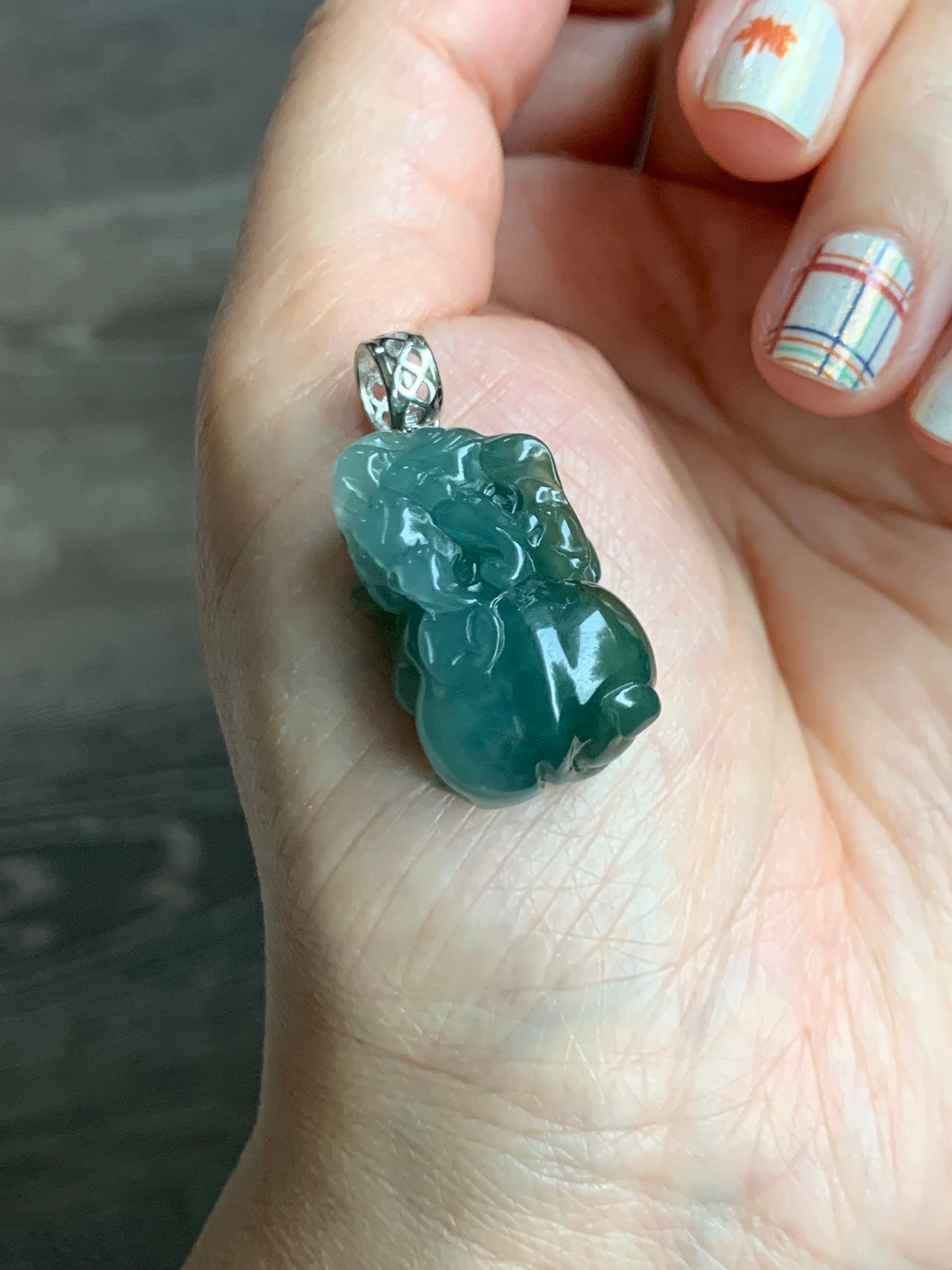 Natural Burmese Icy Translucent Gelatinous Dark Teal Green Jadeite Carved Pixiu Pendant Sterling Silver Bail 天然缅甸冰胶湖水绿翡翠貔貅吊坠
