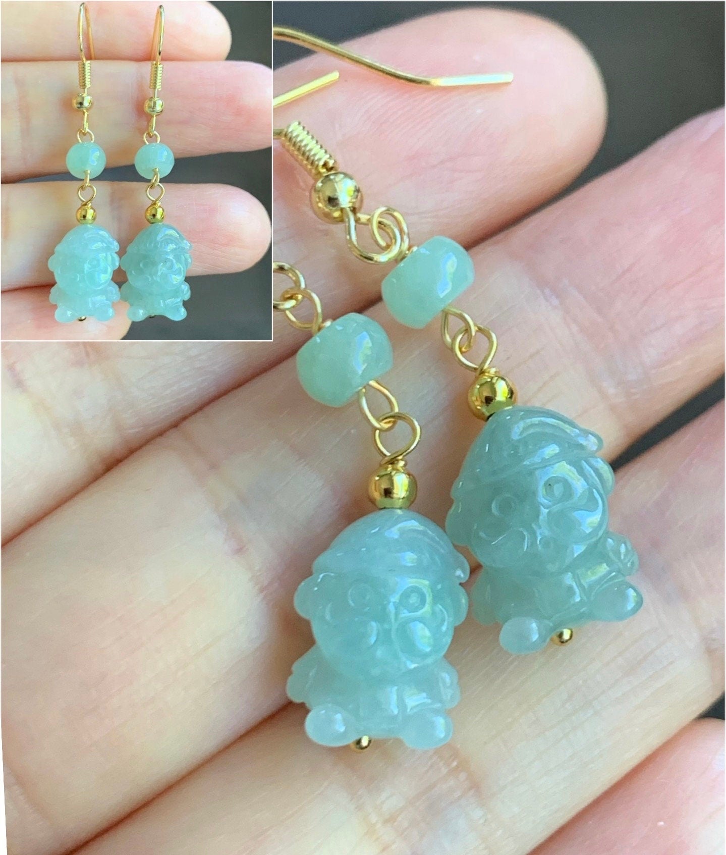 Holiday Special! Natural Burmese Icy Jadeite Carved Santa Claus Dangle Earrings 14K Yellow Gold Plated 4 Colors Available 天然缅甸翡翠圣诞老人包金耳钩