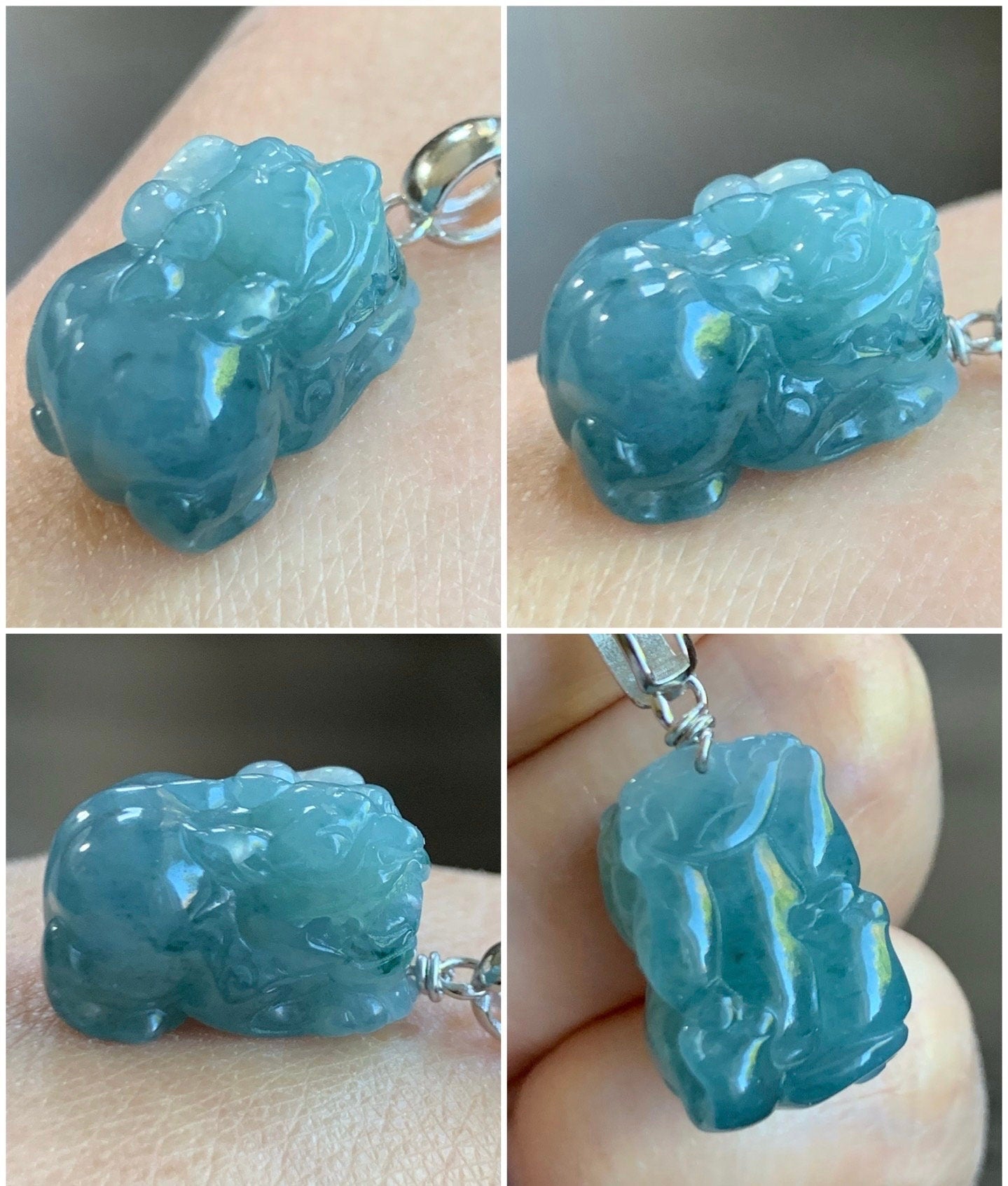 Natural Guatemalan Icy Translucent Gelatinous Bright Blue Jadeite Carved Pixiu Pendant Sterling Silver Bail 天然老种冰胶危料蓝水翡翠貔貅吊坠