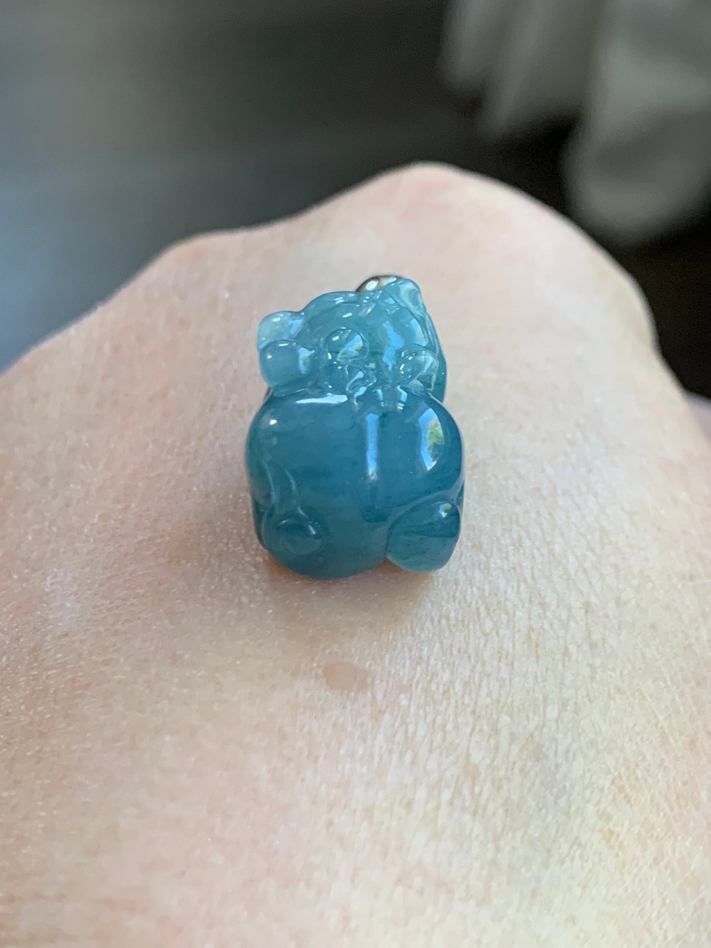 Natural Guatemalan Icy Translucent Gelatinous Bright Blue Jadeite Carved Pixiu Pendant Sterling Silver Bail 天然老种冰胶危料蓝水翡翠貔貅吊坠