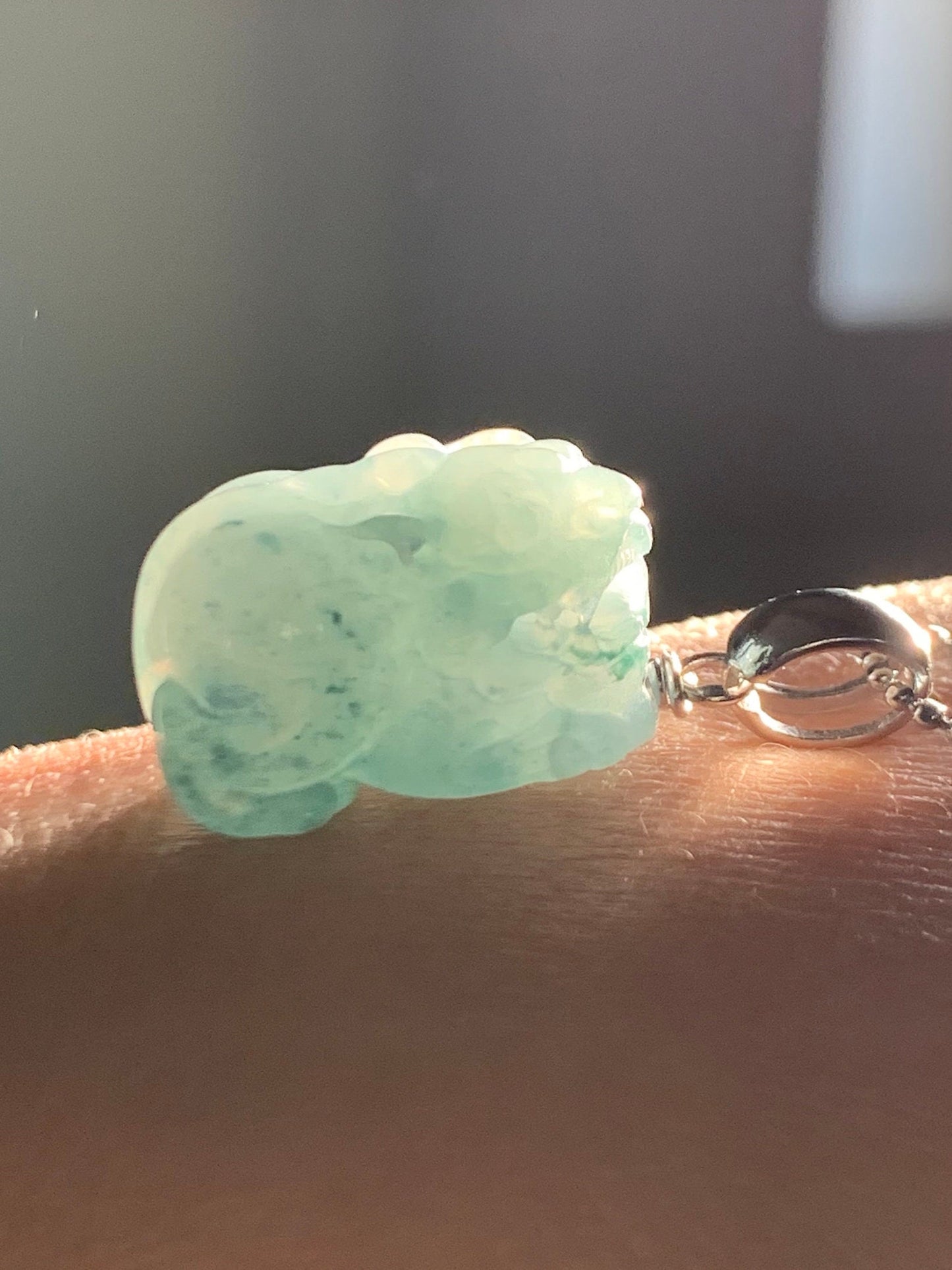 Natural Guatemalan Icy Translucent Gelatinous Bright Blue Jadeite Carved Pixiu Pendant Sterling Silver Bail 天然老种冰胶危料蓝水翡翠貔貅吊坠