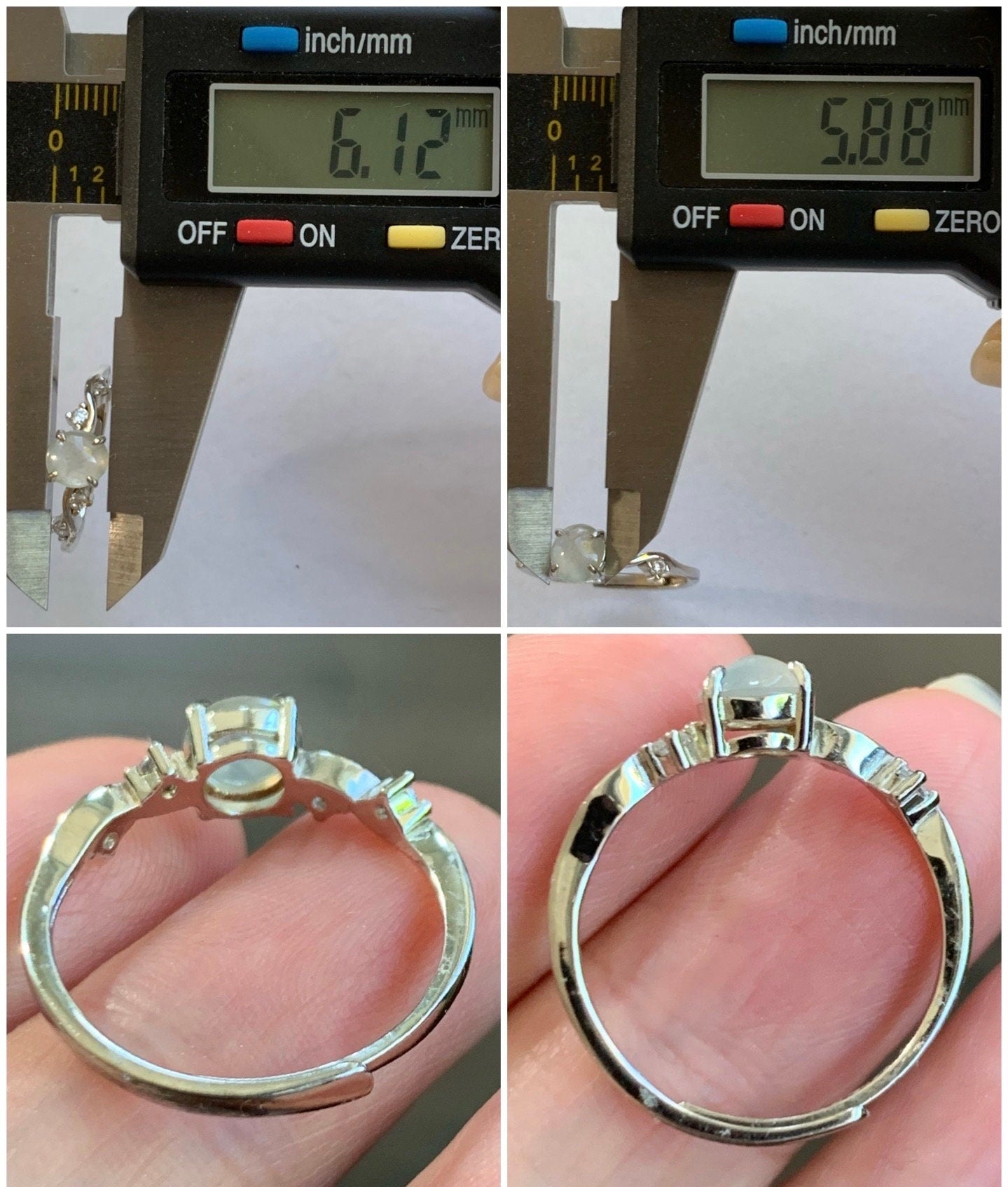 Natural Burmese Icy Highly Translucent Gelatinous White Jadeite Ring Sterling Silver Size Adjustable 天然缅甸白冰翡翠蛋面银镶戒指 XMB50