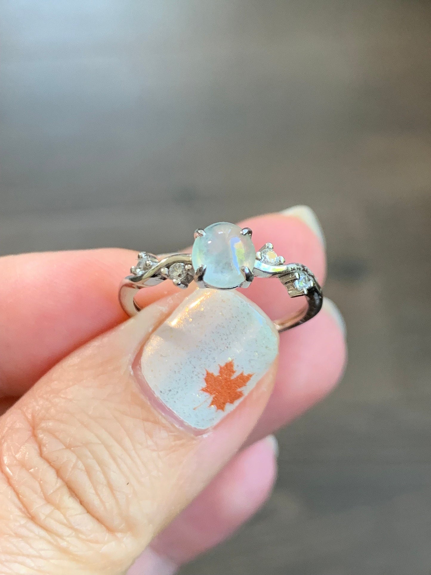 Natural Burmese Icy Highly Translucent Gelatinous White Jadeite Ring Sterling Silver Size Adjustable 天然缅甸白冰翡翠蛋面银镶戒指 XMB50