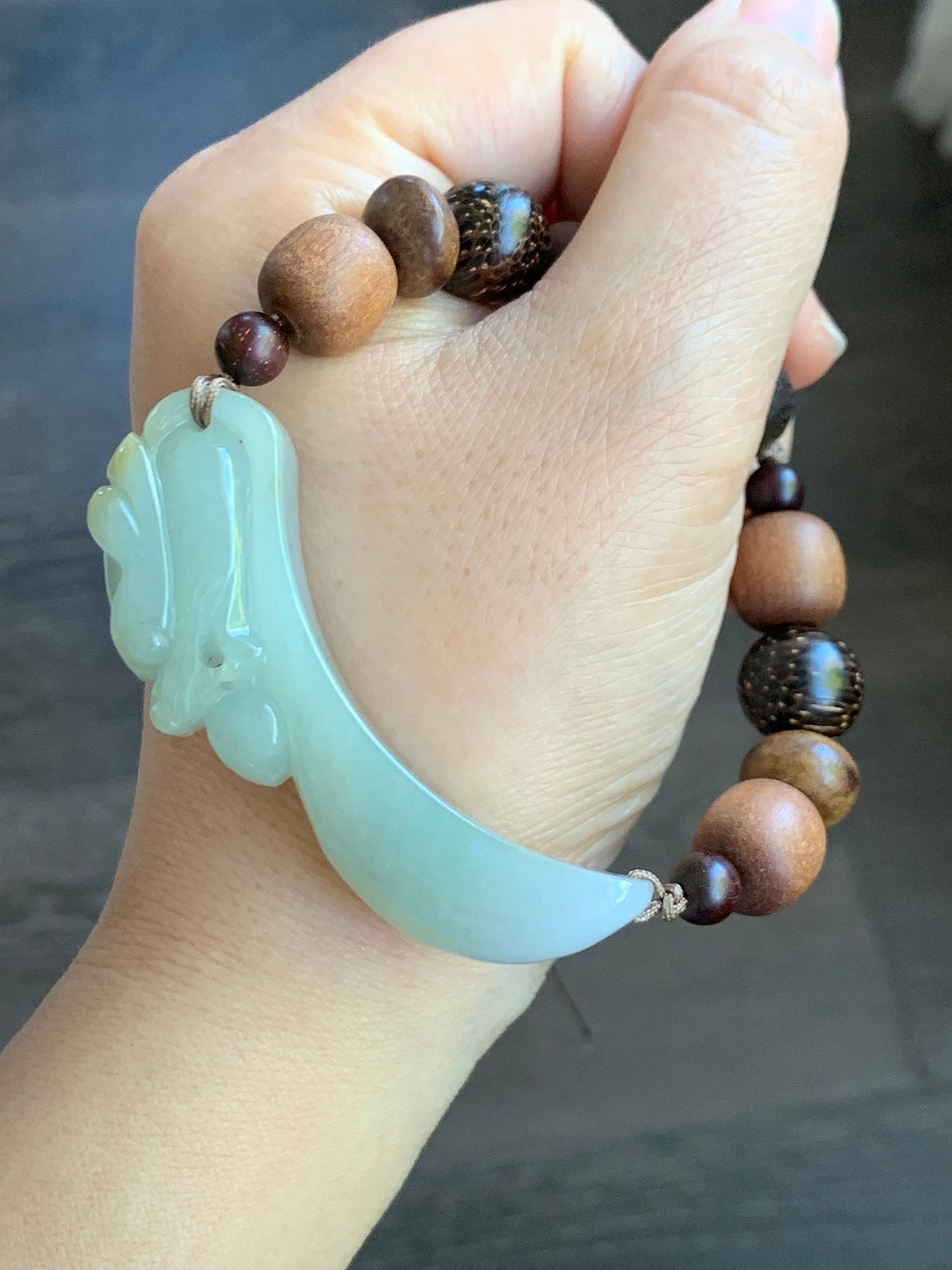 Natural Burmese Icy Translucent Dusty Sage Green Jadeite Carved 3D Dragon Hook Wood Beads Beaded Bracelet 7.25” 天然缅甸冰淡橄榄绿翡翠立体雕龙钩木珠手串