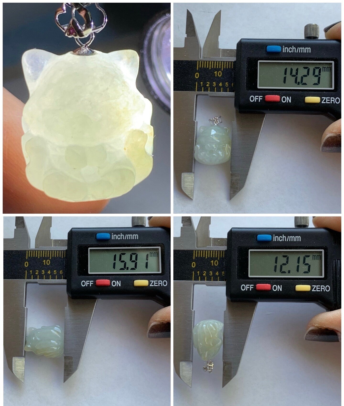 Natural Burmese Icy Translucent White Jadeite w/ Yellow Marbling 3D Carved Nine-Tailed Fox Pendant 18K White Gold Bail 天然缅甸白冰翡翠九尾狐狸镶嵌吊坠 JWHB