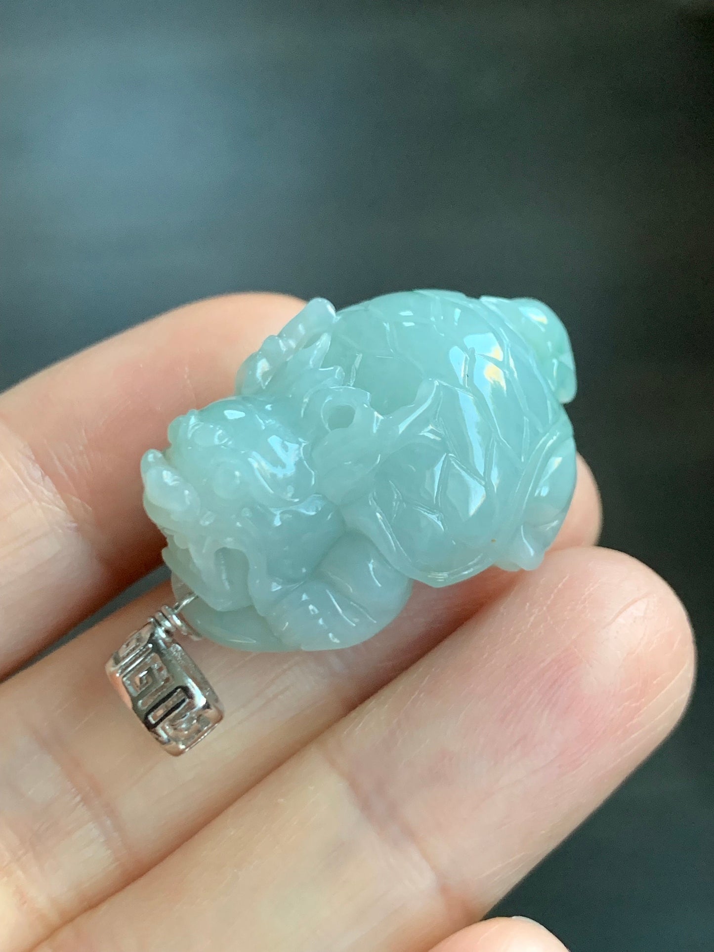 Natural Burmese Icy Translucent Gelatinous Light Green Jadeite Dragon Turtle Pendant Sterling Silver 天然缅甸糯冰胶晴色翡翠龙龟吊坠