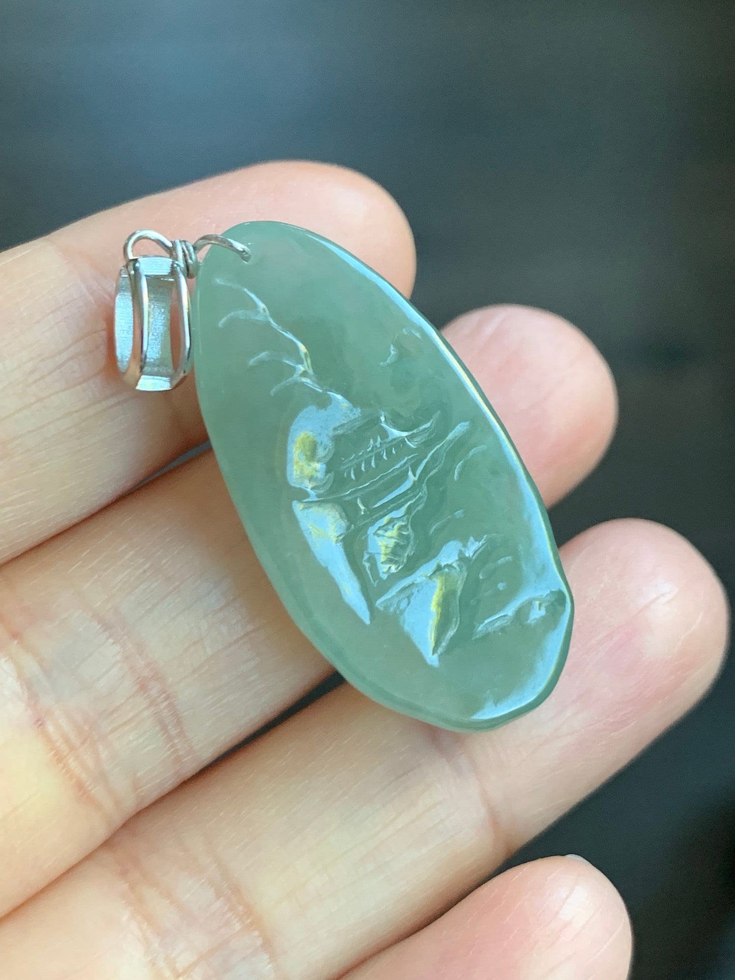 Natural Burmese Icy Translucent Gelatinous Dusty Green Jadeite Shan Shui Pai Landscape Scenery Pendant Sterling Silver 天然缅甸冰晴绿翡翠精工雕山水牌吊坠