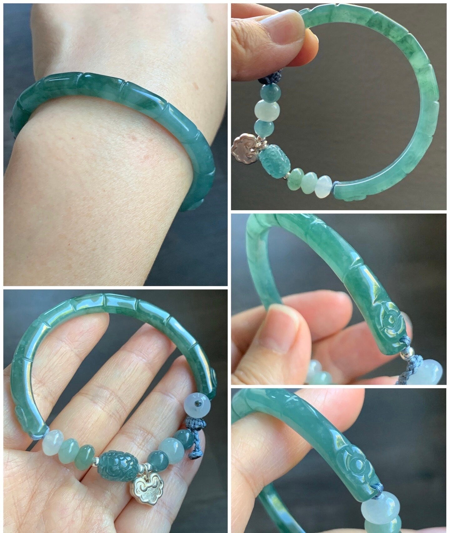 Natural Guatemalan Icy Highly Translucent Teal Blue Jadeite Open Bangle Bracelet w/ Beaded Security Chain Sterling Silver 天然冰胶危湖水绿翡翠开口镯多宝珠链