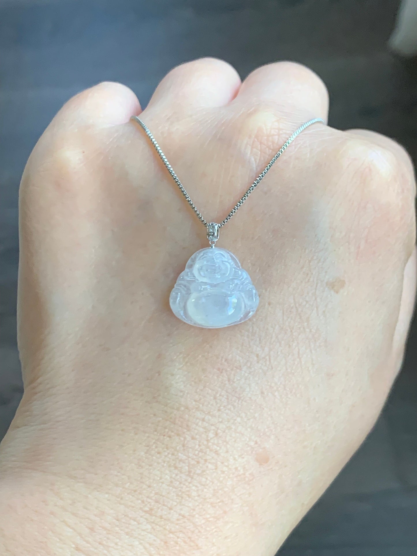 Petite Natural Burmese Icy Translucent Gelatinous White Jadeite Buddha Pendant 18K White Gold 天然缅甸白冰翡翠佛公镶嵌吊坠 SJT42C