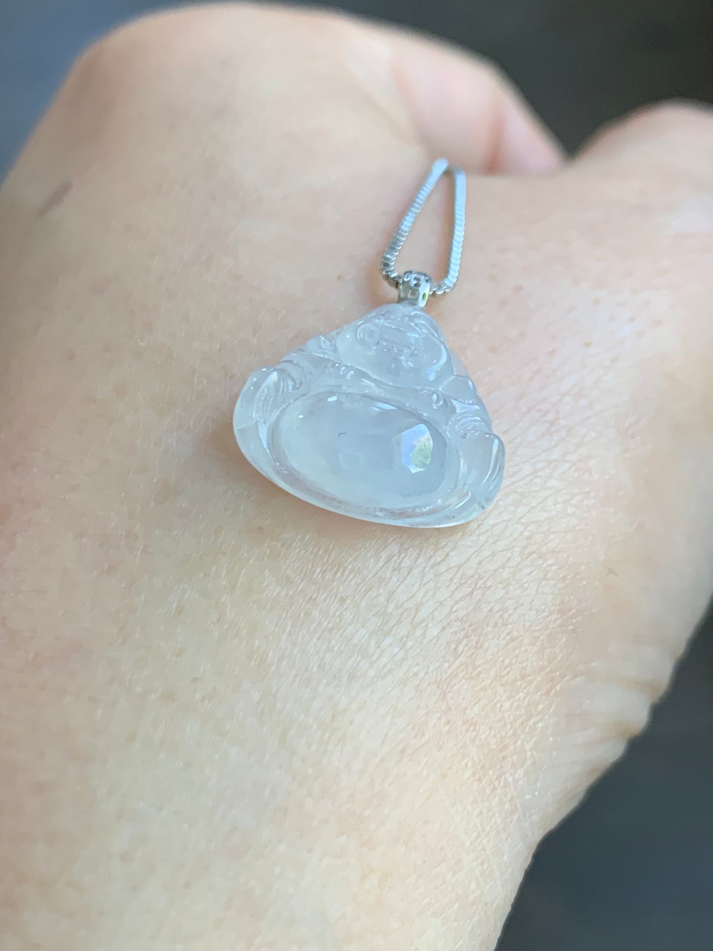 Petite Natural Burmese Icy Translucent Gelatinous White Jadeite Buddha Pendant 18K White Gold 天然缅甸白冰翡翠佛公镶嵌吊坠 SJT42C