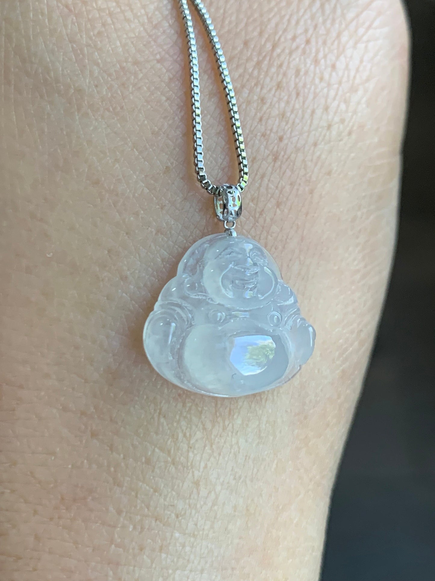 Petite Natural Burmese Icy Translucent Gelatinous White Jadeite Buddha Pendant 18K White Gold 天然缅甸白冰翡翠佛公镶嵌吊坠 SJT42C