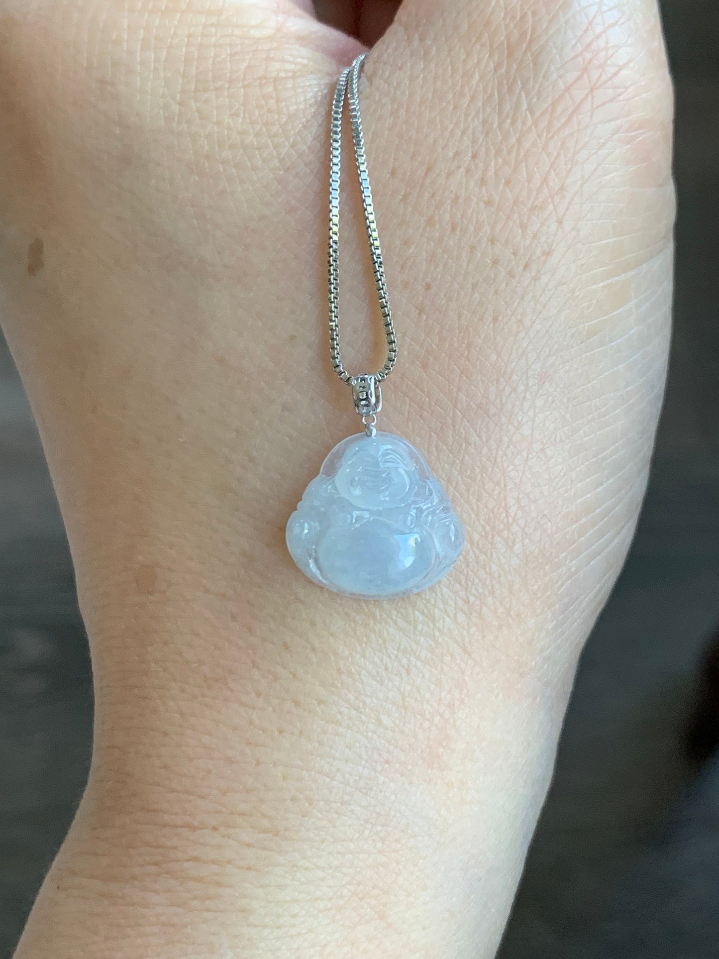 Petite Natural Burmese Icy Translucent Gelatinous White Jadeite Buddha Pendant 18K White Gold 天然缅甸白冰翡翠佛公镶嵌吊坠 SJT42B