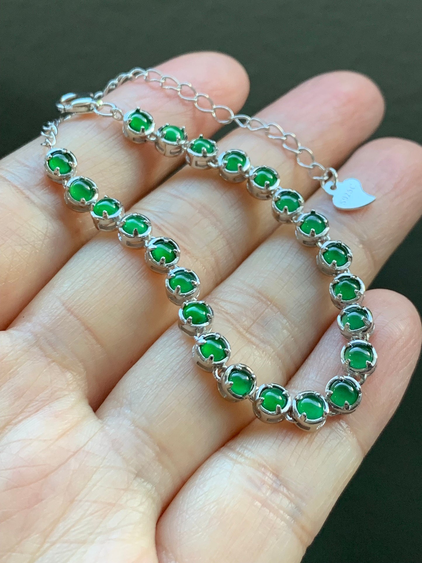 Certified Natural Guatemalan Premium Icy Vibrant Green Jadeite Tennis Bracelet S925 Sterling Silver adjustable 天然高冰危绿翡翠银镶手链 8052