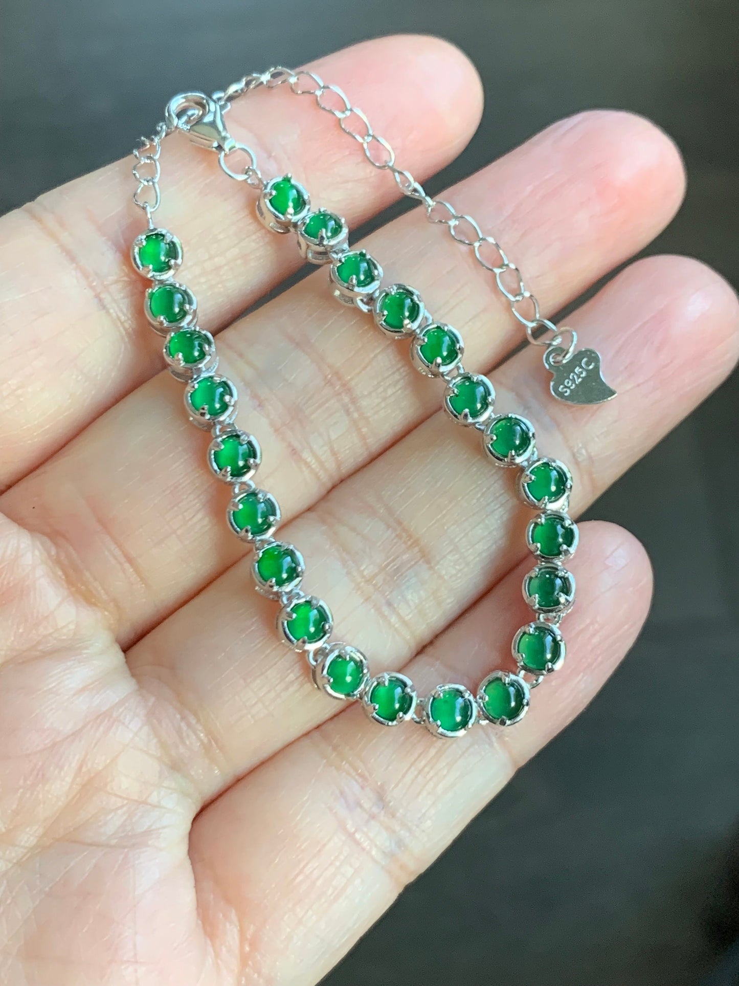 Certified Natural Guatemalan Premium Icy Vibrant Green Jadeite Tennis Bracelet S925 Sterling Silver adjustable 天然高冰危绿翡翠银镶手链 8052