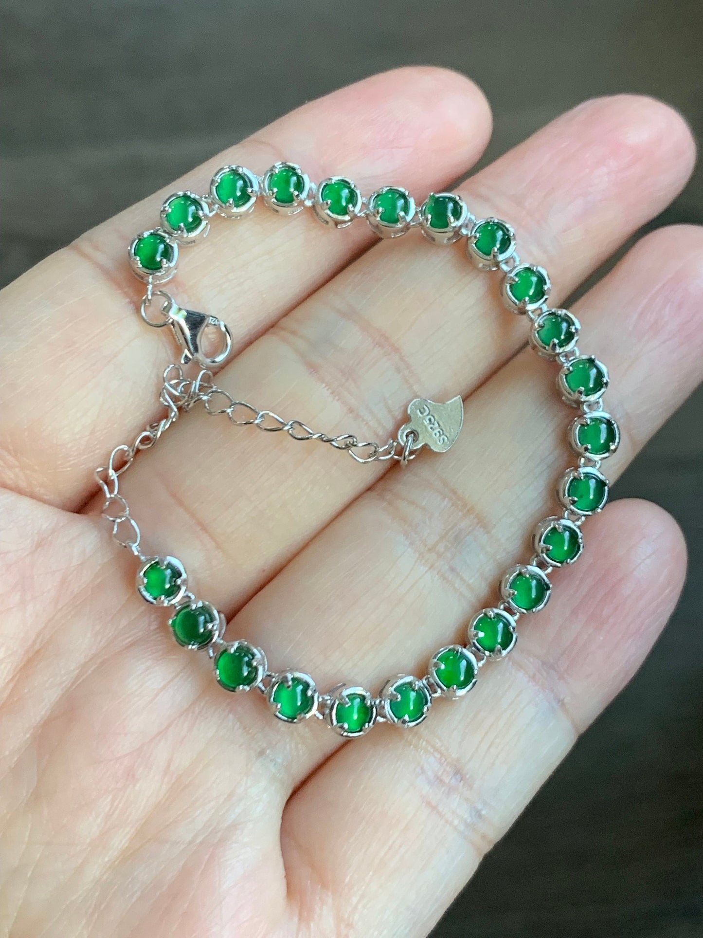Certified Natural Guatemalan Premium Icy Vibrant Green Jadeite Tennis Bracelet S925 Sterling Silver adjustable 天然高冰危绿翡翠银镶手链 8052