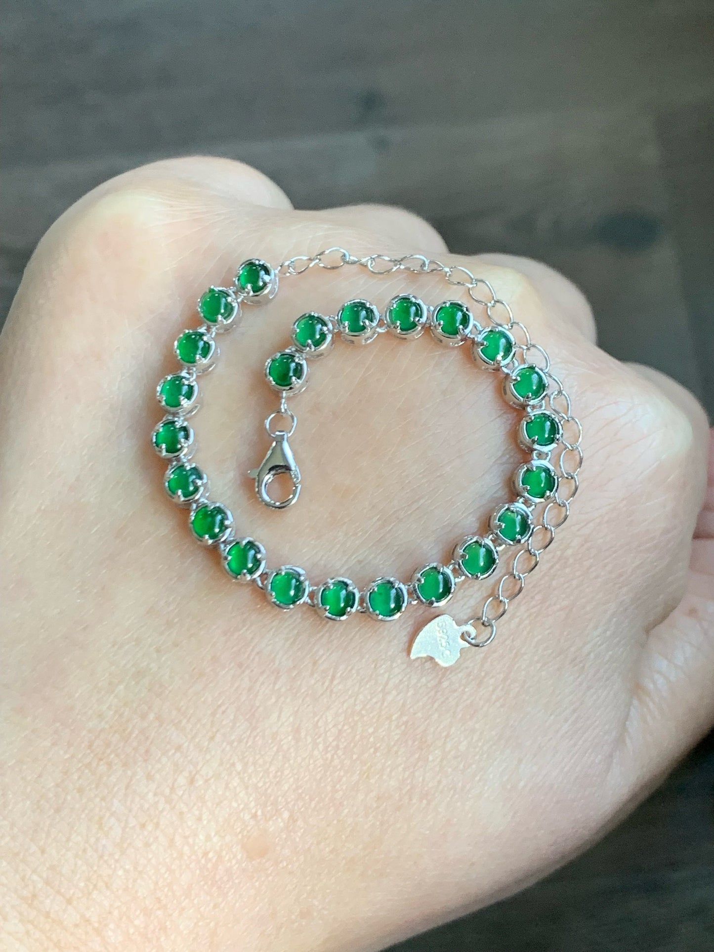 Certified Natural Guatemalan Premium Icy Vibrant Green Jadeite Tennis Bracelet S925 Sterling Silver adjustable 天然高冰危绿翡翠银镶手链 8052