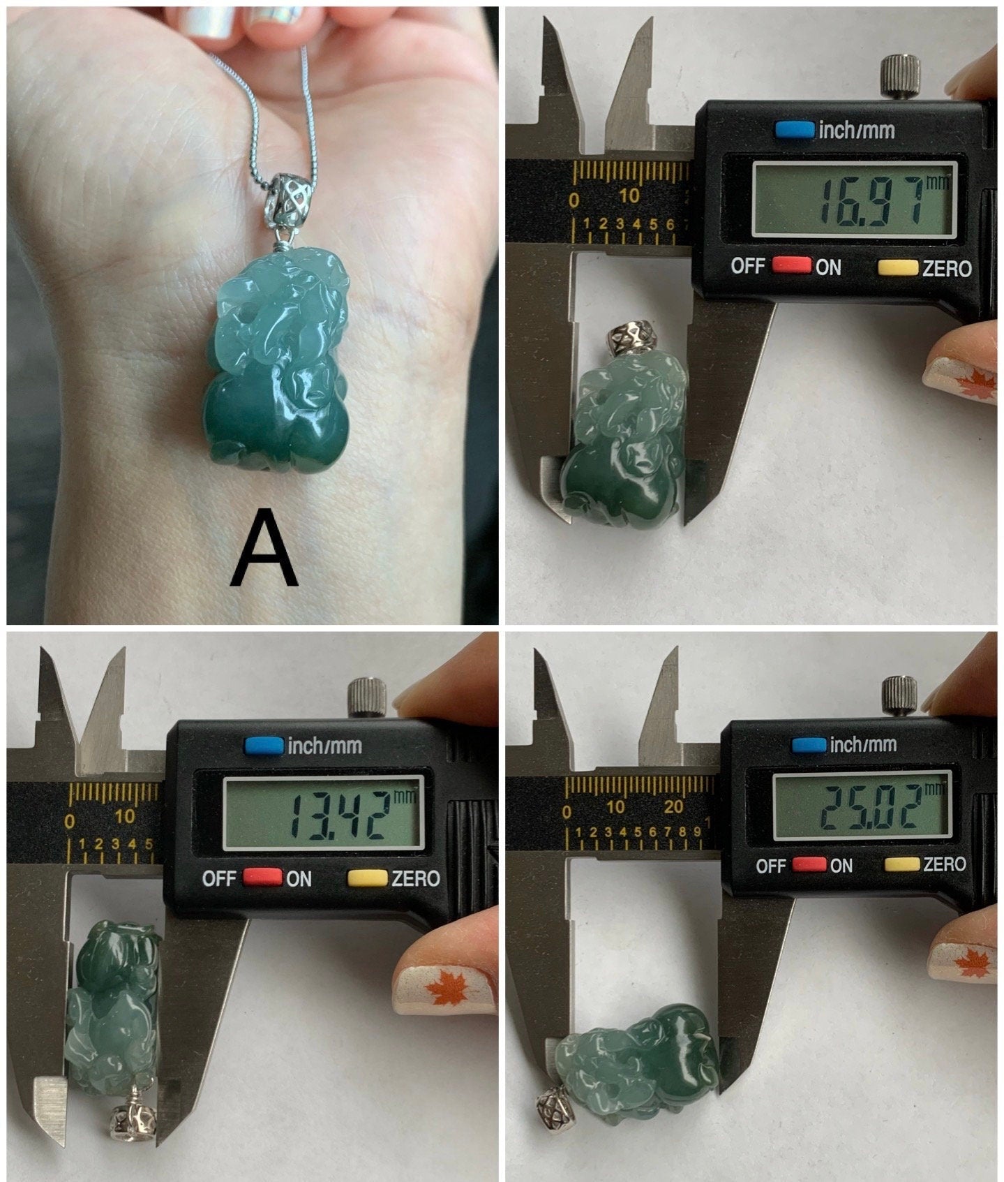 Natural Burmese Icy Translucent Gelatinous Dark Teal Green Jadeite Carved Pixiu Pendant Sterling Silver Bail 天然缅甸冰胶湖水绿翡翠貔貅吊坠